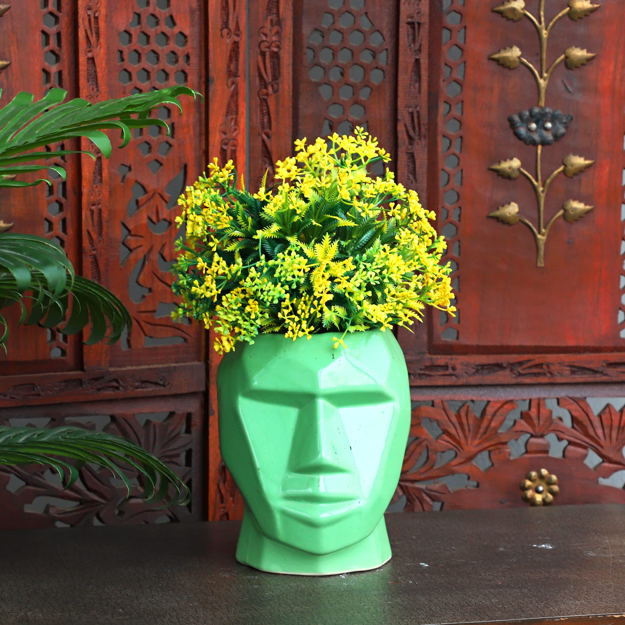 Handmade Ceramic Man Shape Flower Vase Planter - Khurja Pottery Home Decor (Green, 6.5