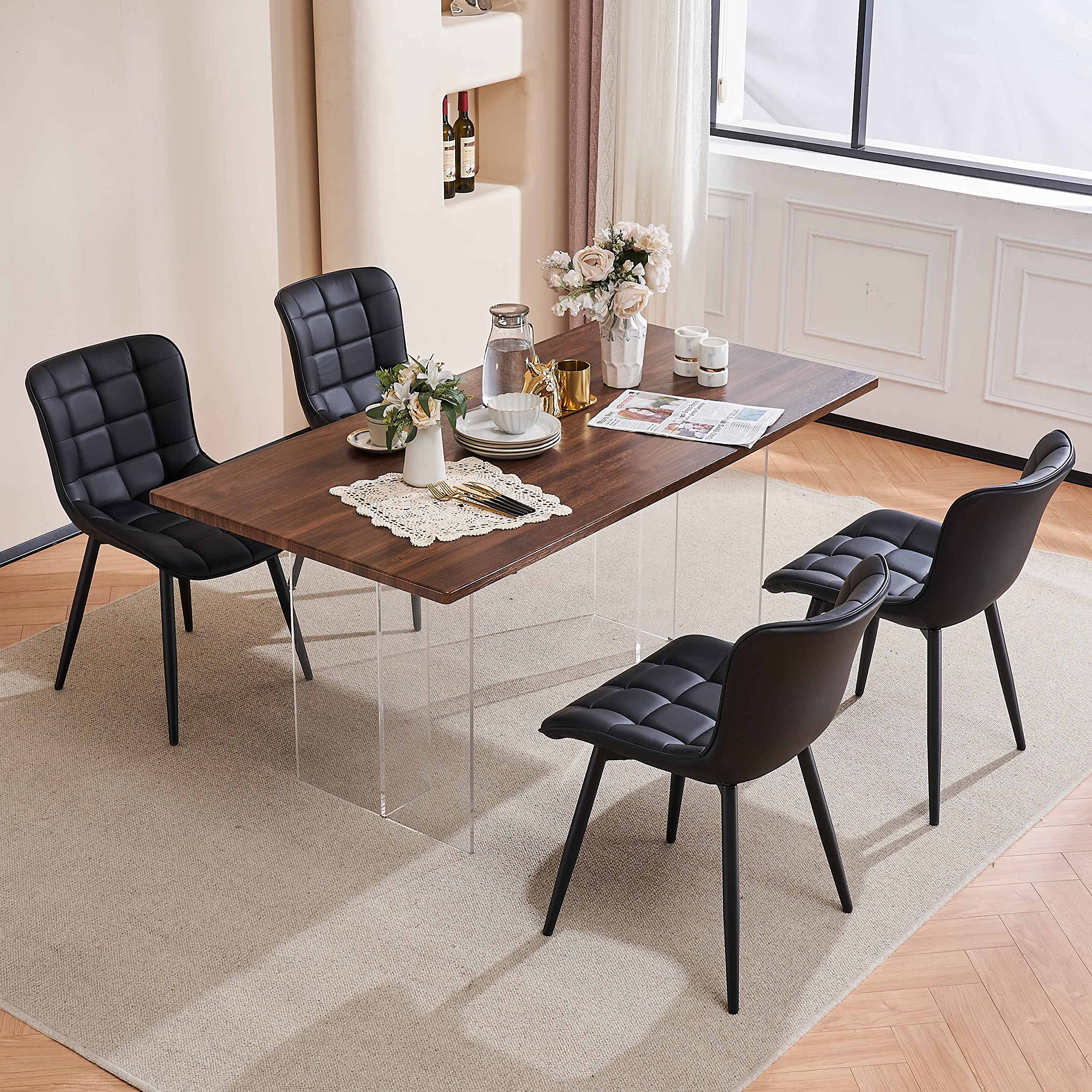 YOUTASTE Set of 2 Black Faux Leather Dining Chairs - Mid Century Modern Upholstered Armless Kitchen & Dining Room Chairs - Perfect for Home, Restaurant, and Office Use