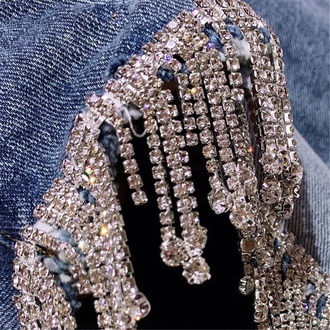 Women's Rhinestone Tassel Denim Shorts - High Waist Wide Leg Distressed Jean Shorts with Patchwork & Studded Details | Perfect for Streetwear, Summer Outfits & Music Festivals