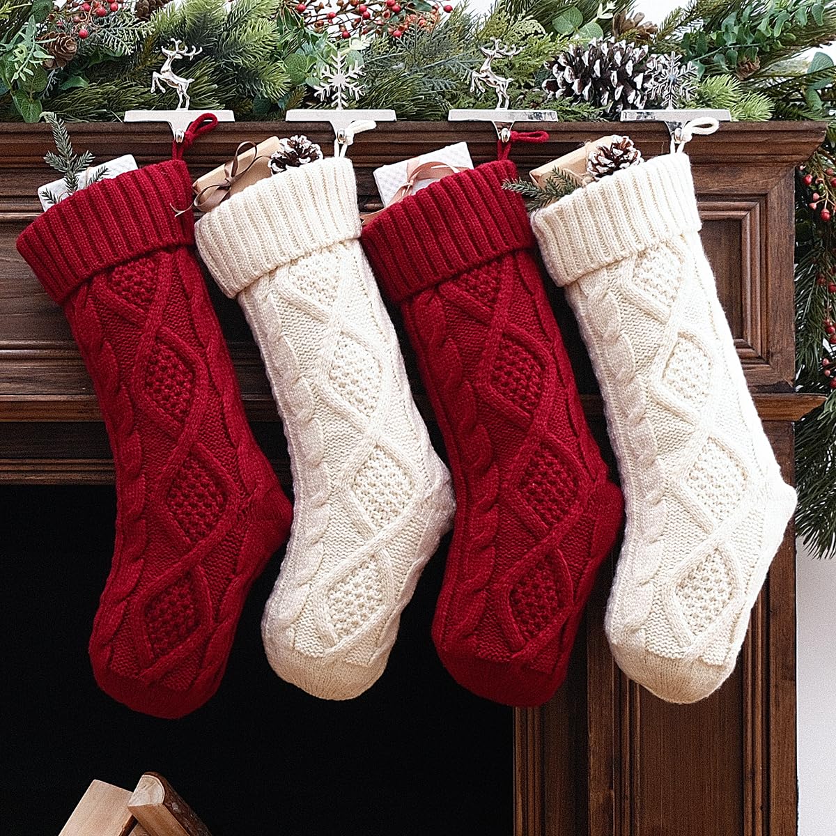 Christmas Stockings 4 Pack - 18 Inch Large Cable Knit Knitted Stockings for Holiday Decor | Rustic Farmhouse Xmas Decorations for Family | Burgundy Red & Cream White Stockings - Perfect for Fireplace Mantel, Staircase, and Country Home Holiday Decor