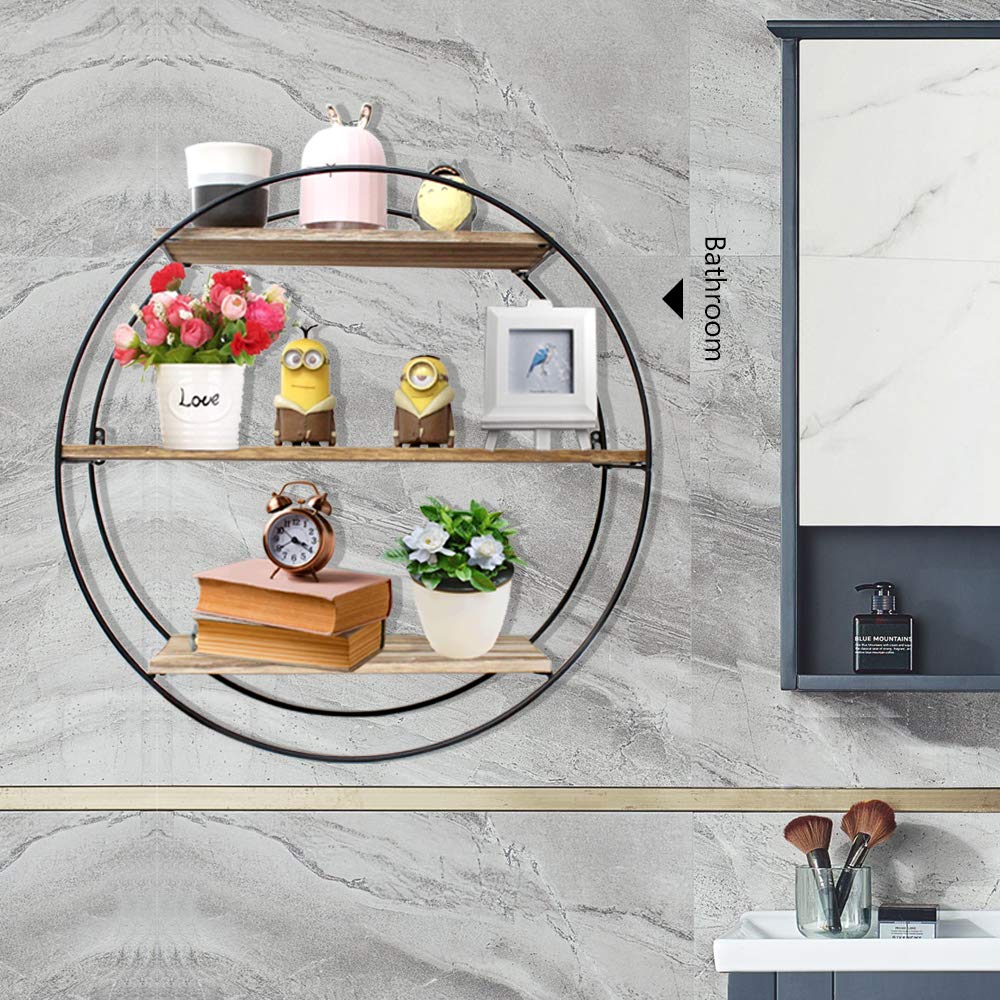 Rustic Floating Shelves - 3 Tier Geometric Wall Shelf Decor, Wood & Metal Farmhouse Style for Bedroom, Living Room, Kitchen & Office | Perfect for Displaying Books, Plants & Home Decor (Round)
