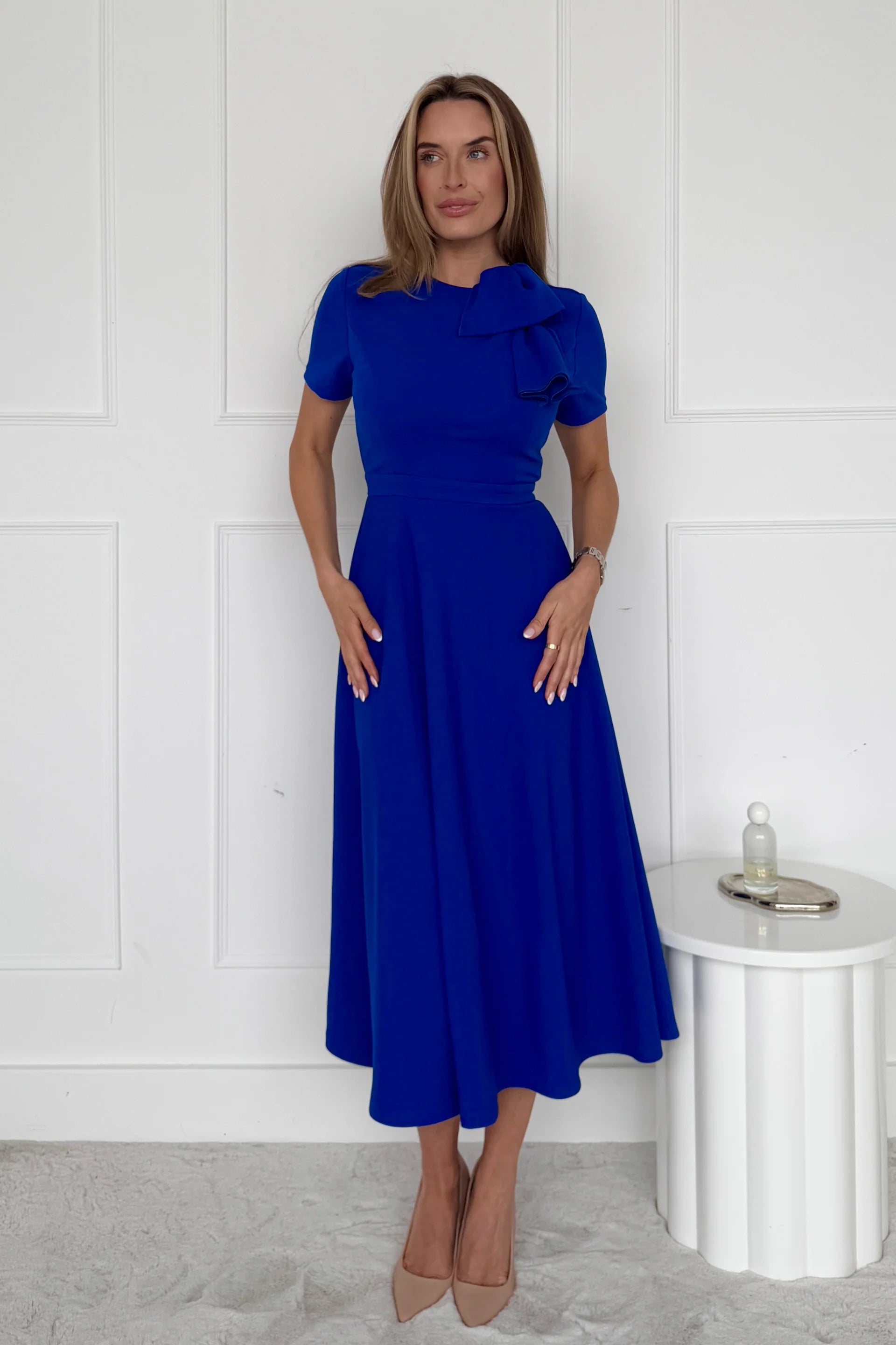 Minta Bow Detail Midi Dress for Women - Elegant Cobalt Blue Flowy Summer Dress for Weddings, Parties & Date Nights