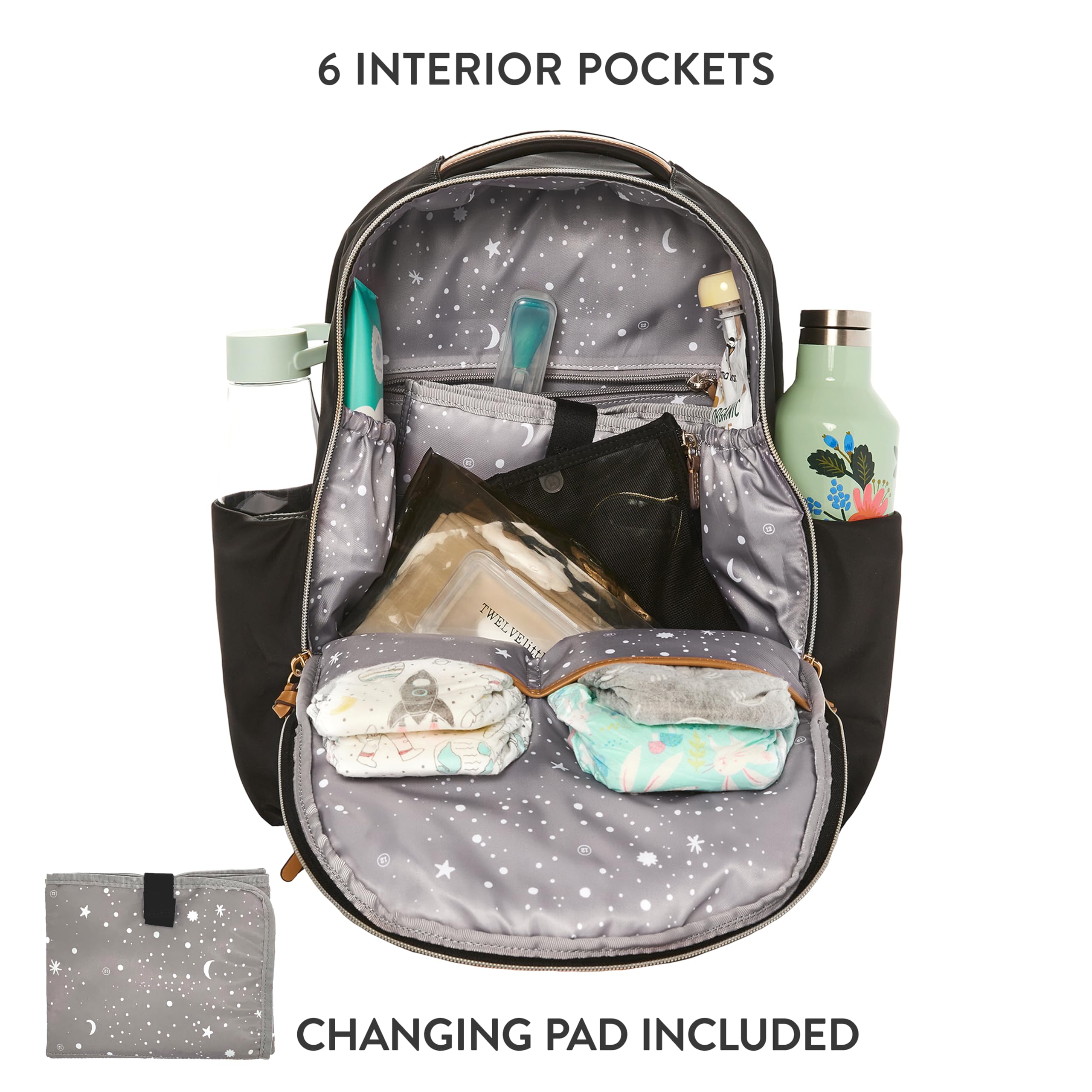 **TWELVElittle Midi Go Diaper Backpack for Moms & Dads – Waterproof Baby Bag with 13 Pockets & Changing Pad – Black/Tan – Perfect for Travel, Daycare & On-the-Go Parenting**