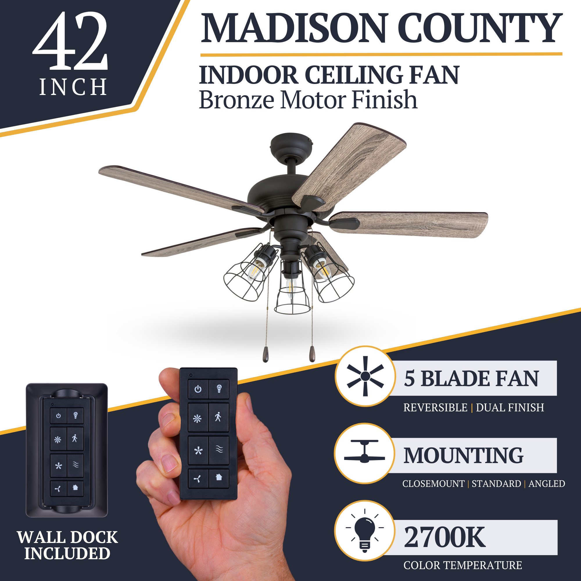 42 Inch Madison County Bronze Remote Control Ceiling Fan with Light Kit - Perfect for Living Room, Bedroom, and Outdoor Patio Cooling