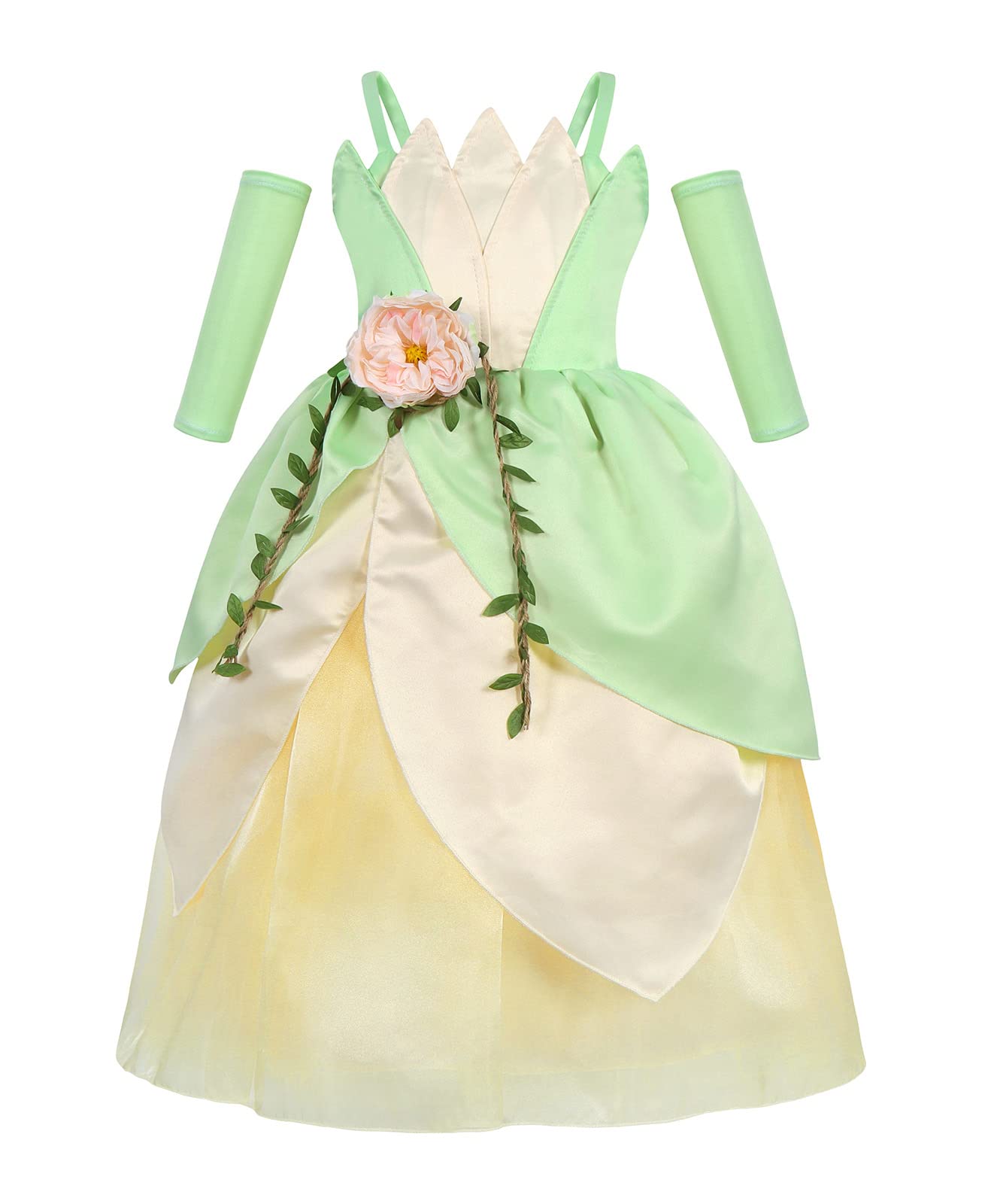 WonderBabe Princess and The Frog Dress for Girls | Fairy Tale Birthday Party Costume | Halloween Dress Up with Detachable Sleeves | Perfect for Disney Themed Parties, Character Play, and Special Occasions