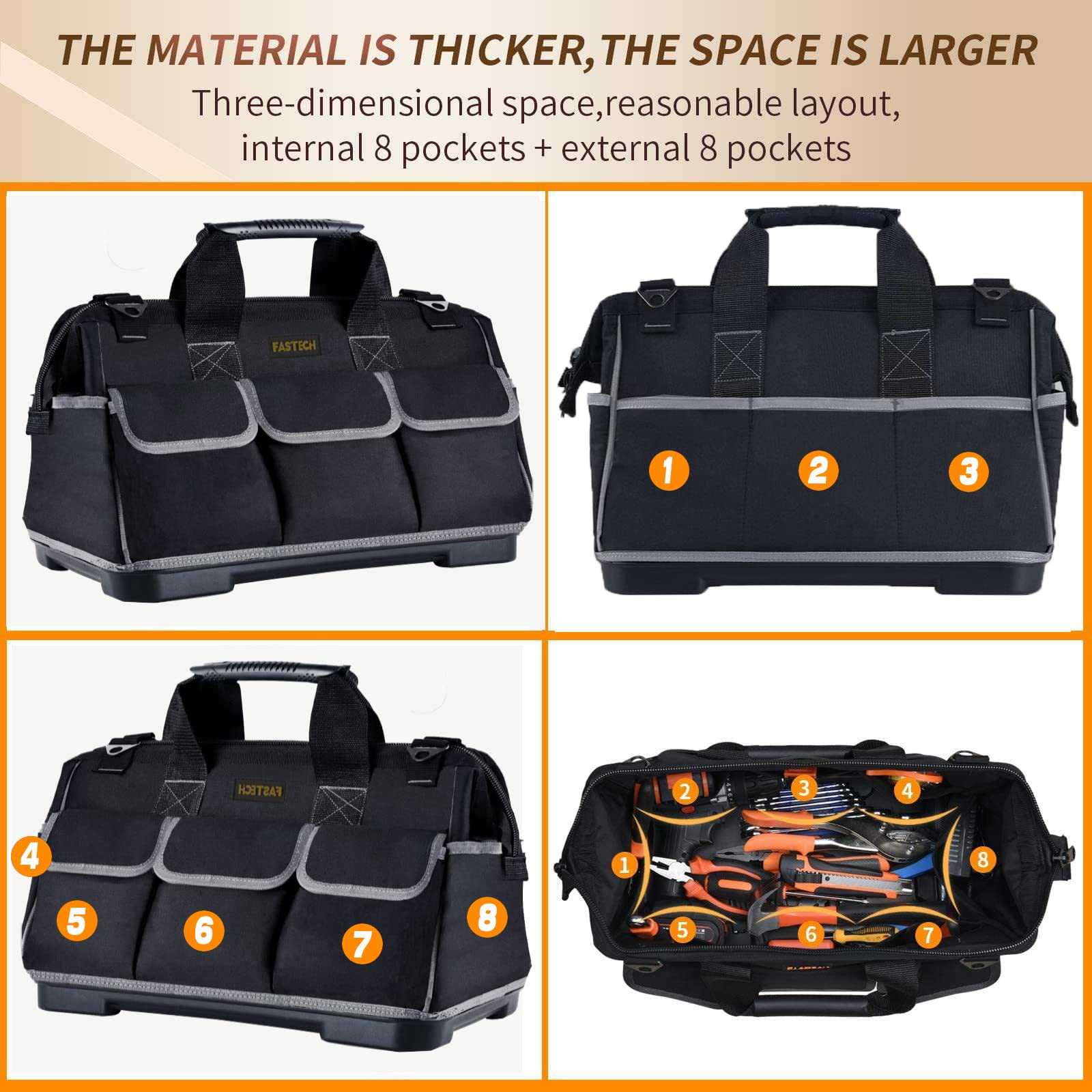 22-Inch Wide Mouth Waterproof Tool Bag with Molded Base & Adjustable Shoulder Strap - Durable Men's Tool Organizer for Construction, Electricians & DIY Projects
