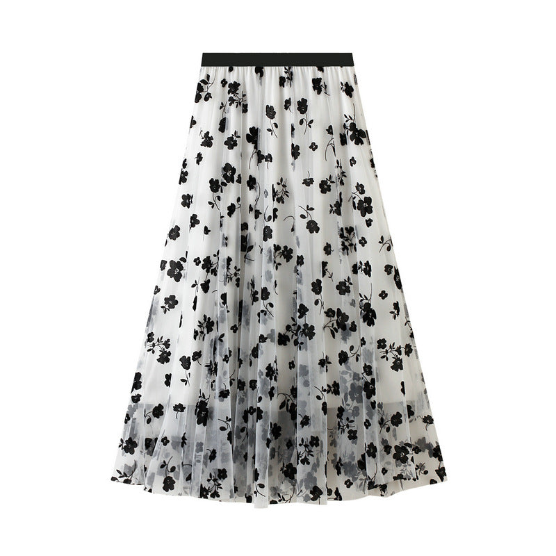 Fairy Pleated Mesh Skirt with Floral Print - Elegant Women's Midi Skirt for Spring Summer Outfits, Parties, and Boho Fashion