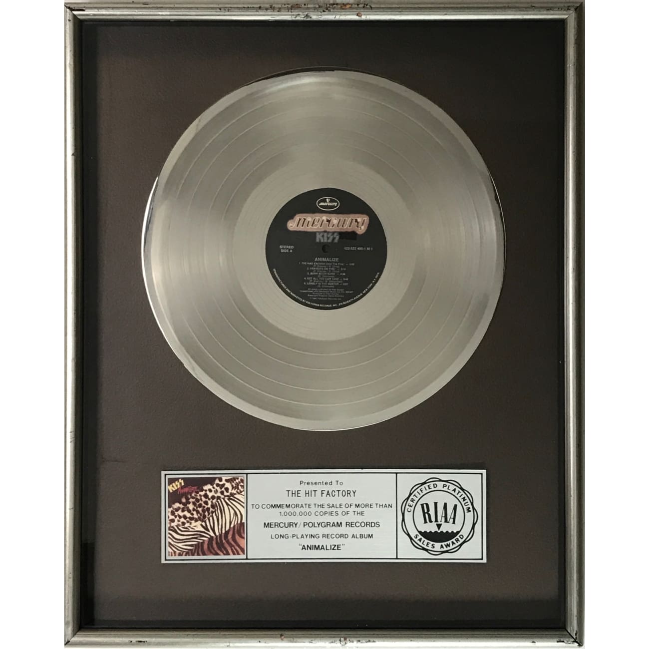 KISS Animalize RIAA Platinum Album Award - Official Music Collectible for Fans & Display - Perfect for Home, Office, or Music Memorabilia Collections