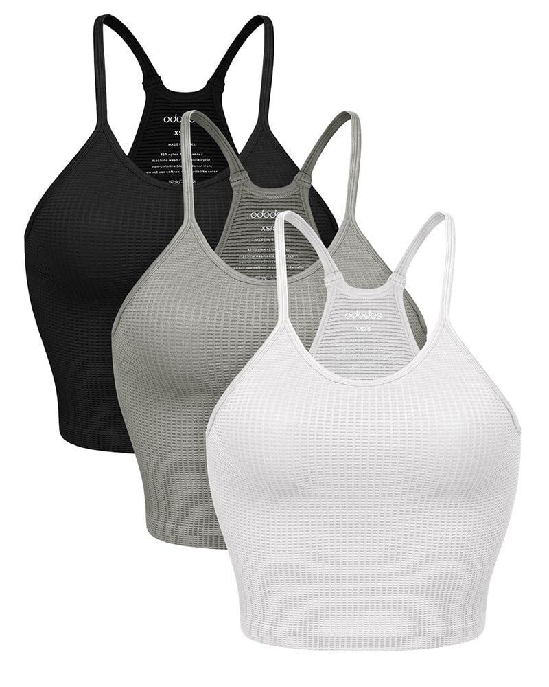ODODOS Women's Seamless Waffle Knit Crop Tops 3-Pack - Soft Stretchy Camisoles for Layering, Yoga & Casual Wear - Breathable Comfort Fit Summer Tank Tops