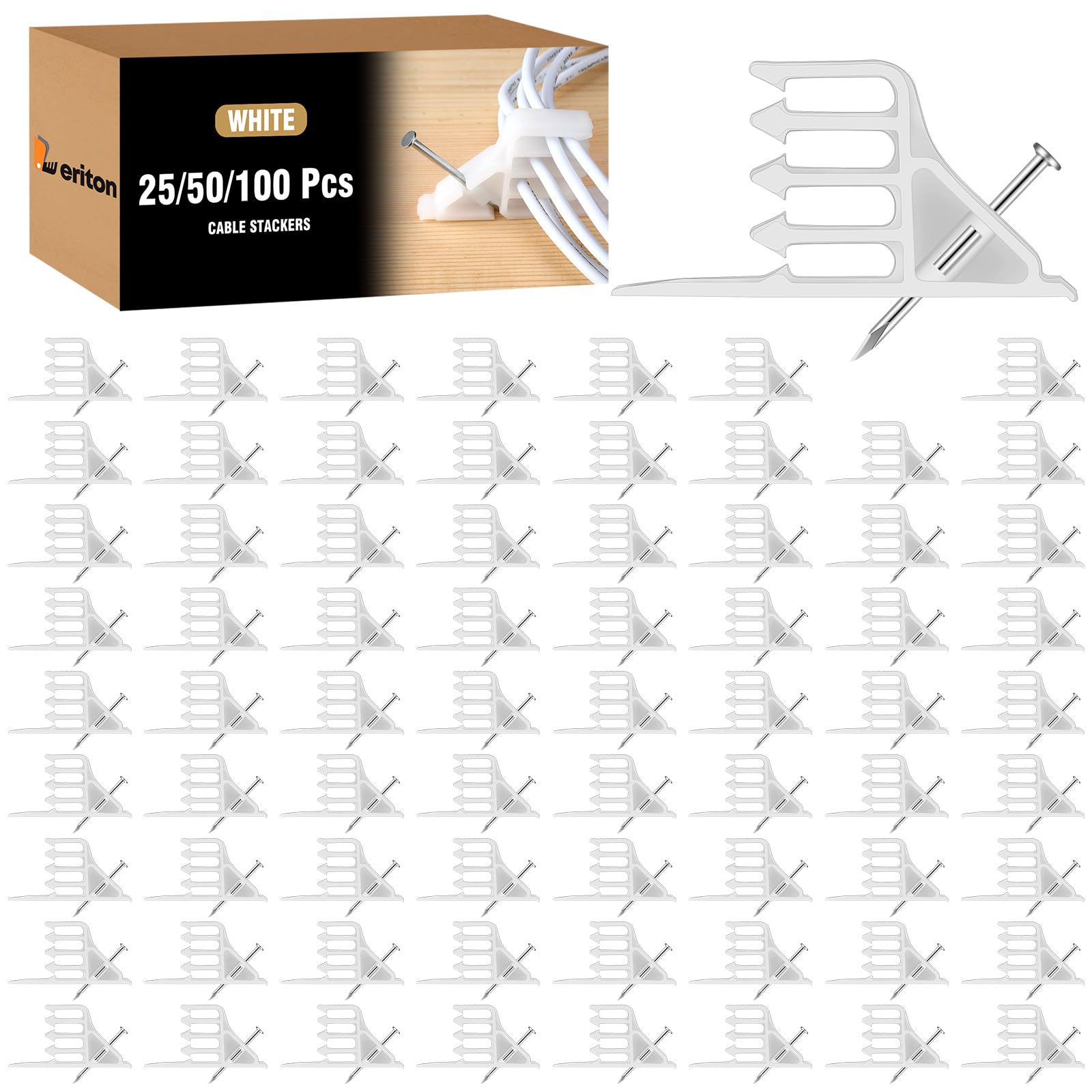 100 Pcs White Insulated Cable Stackers - Heavy Duty Electrical Wire Staples for Cord Management, Cable Organization & Electric Wire Sorting - Perfect for Home, Office & Workshop Electrical Setup (White)