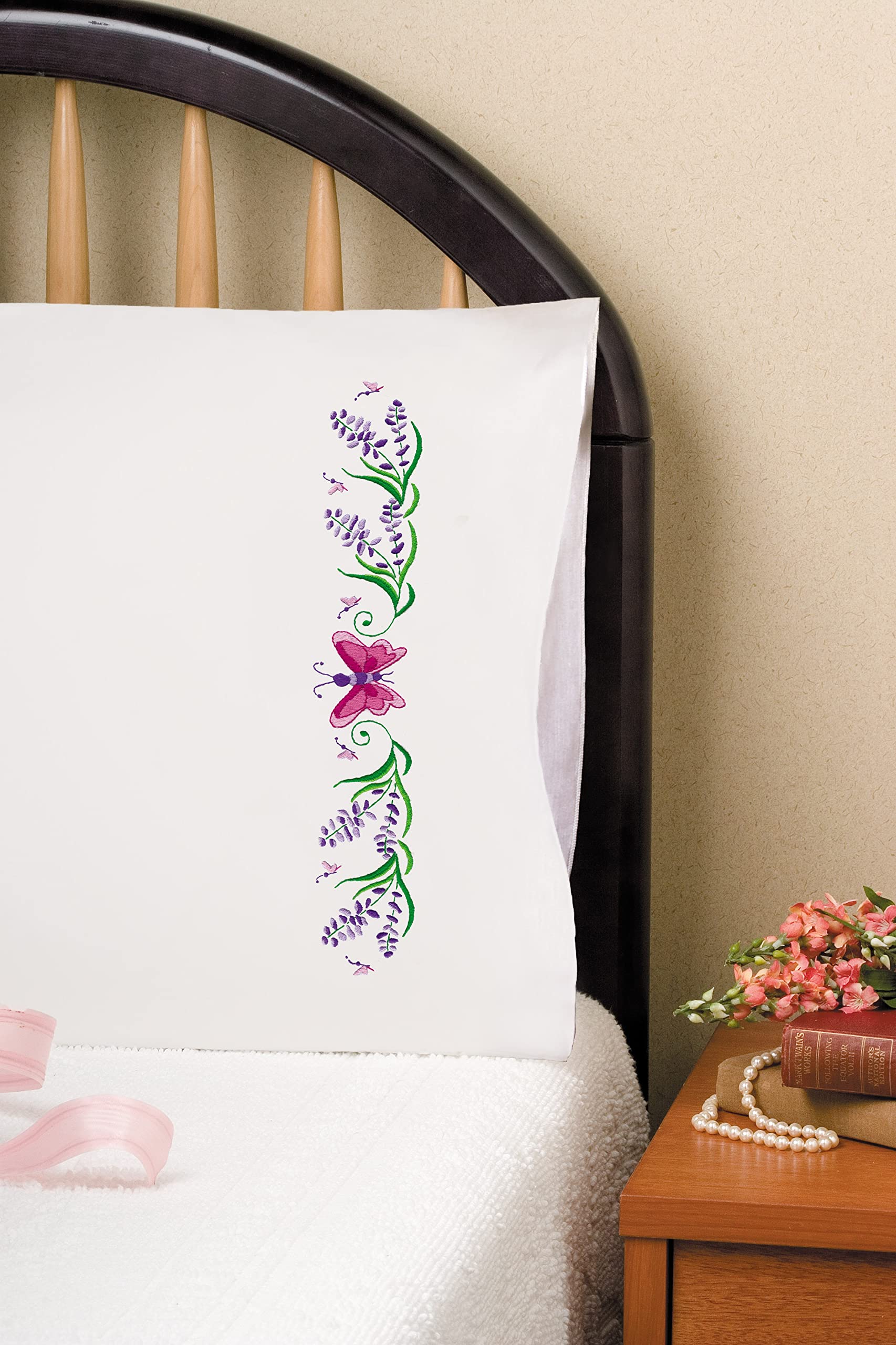 Premium Tobin Design Works Embroidered Stamped Pillowcases Set of 2 - Floral & Geometric Patterns for DIY Crafting & Home Decor