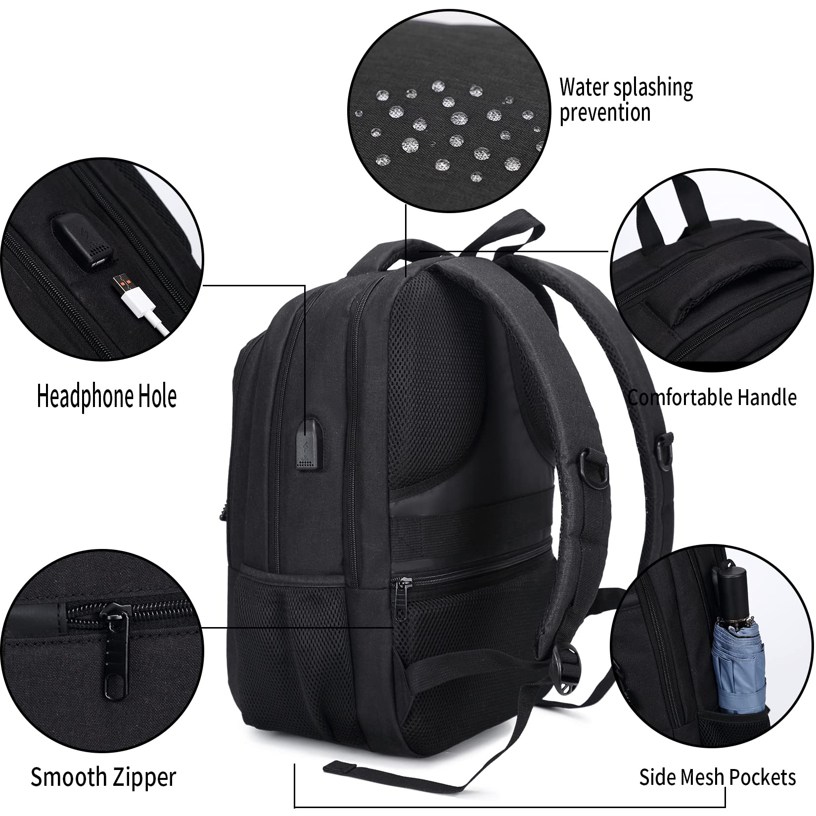 Monsdle Anti Theft Travel Laptop Backpack with USB Charging Port - 15.6 Inch Waterproof Business Backpack for Men & Women - Perfect for College, Work, Commuting & Air Travel - Black