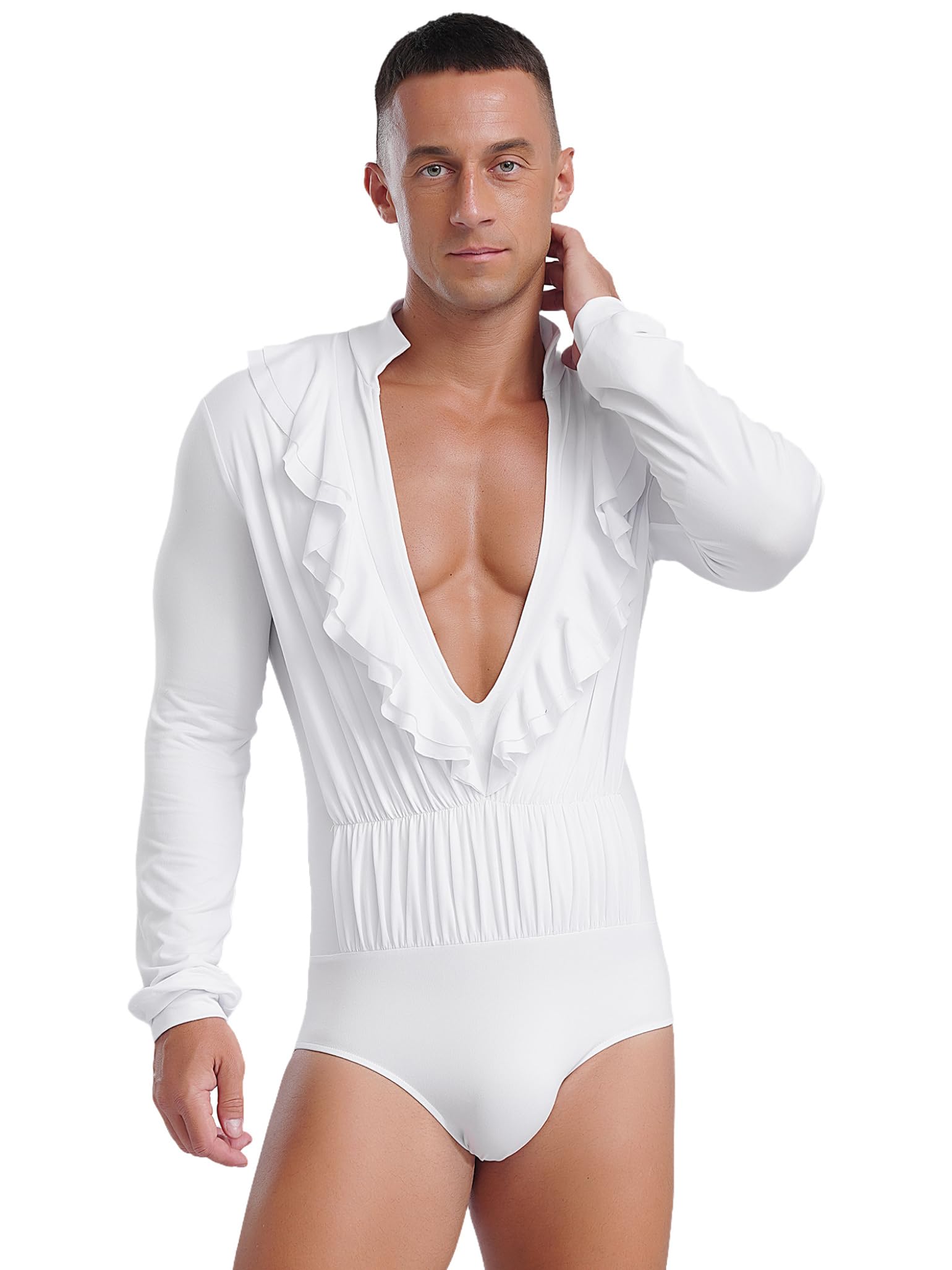 Men's Latin Dance Shirt - Deep V Neck Long Sleeve Tango Leotard Top for Ballroom & Salsa Performance (Ideal for Competitions, Shows & Dance Practice)