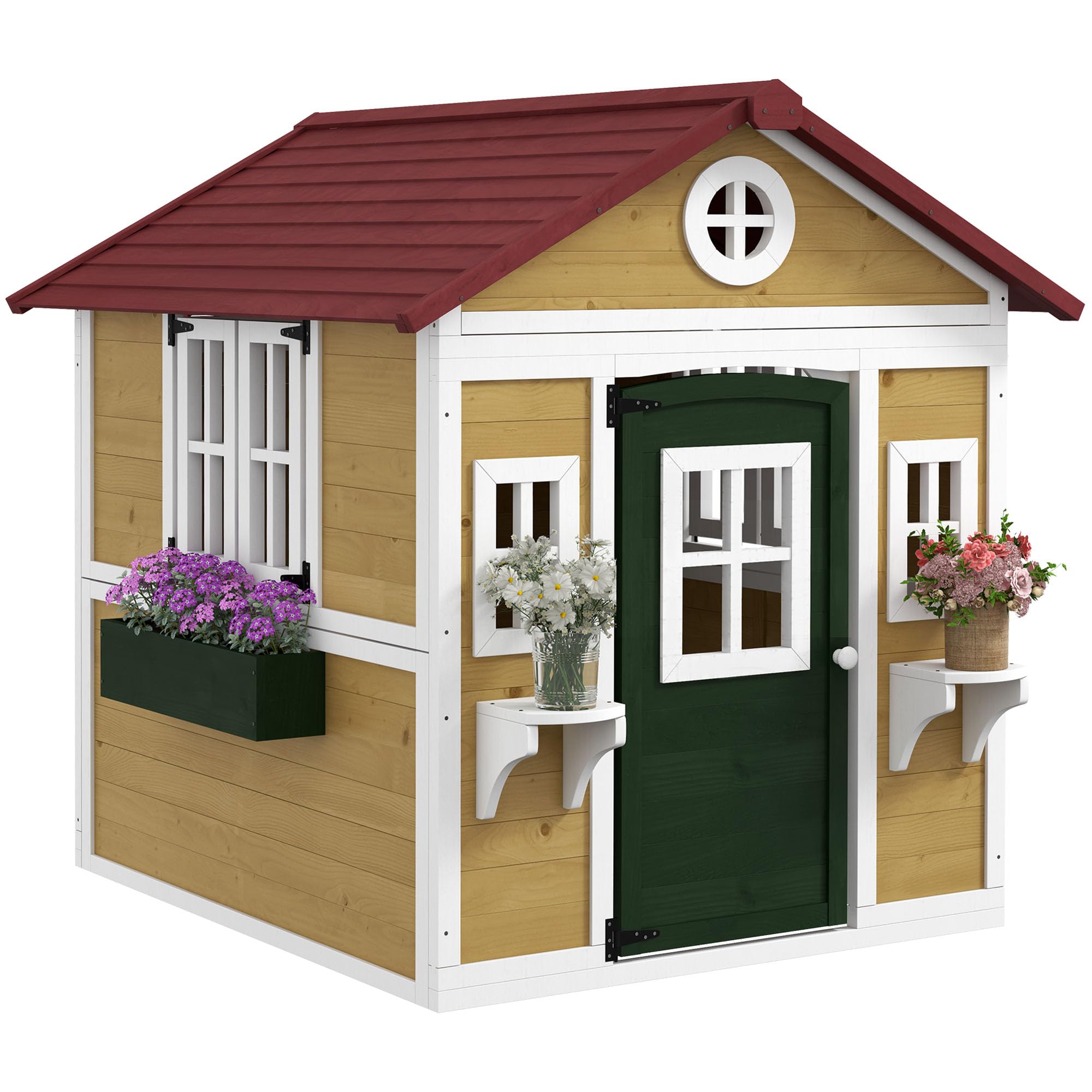 Outsunny Wooden Playhouse for Kids Outdoor - Cottage Playhouse with Doors, Windows, Planter Boxes for Toddlers & Children Ages 3-8 - Durable Backyard Playhouse for Pretend Play, Gardening & Outdoor Fun (Beige)