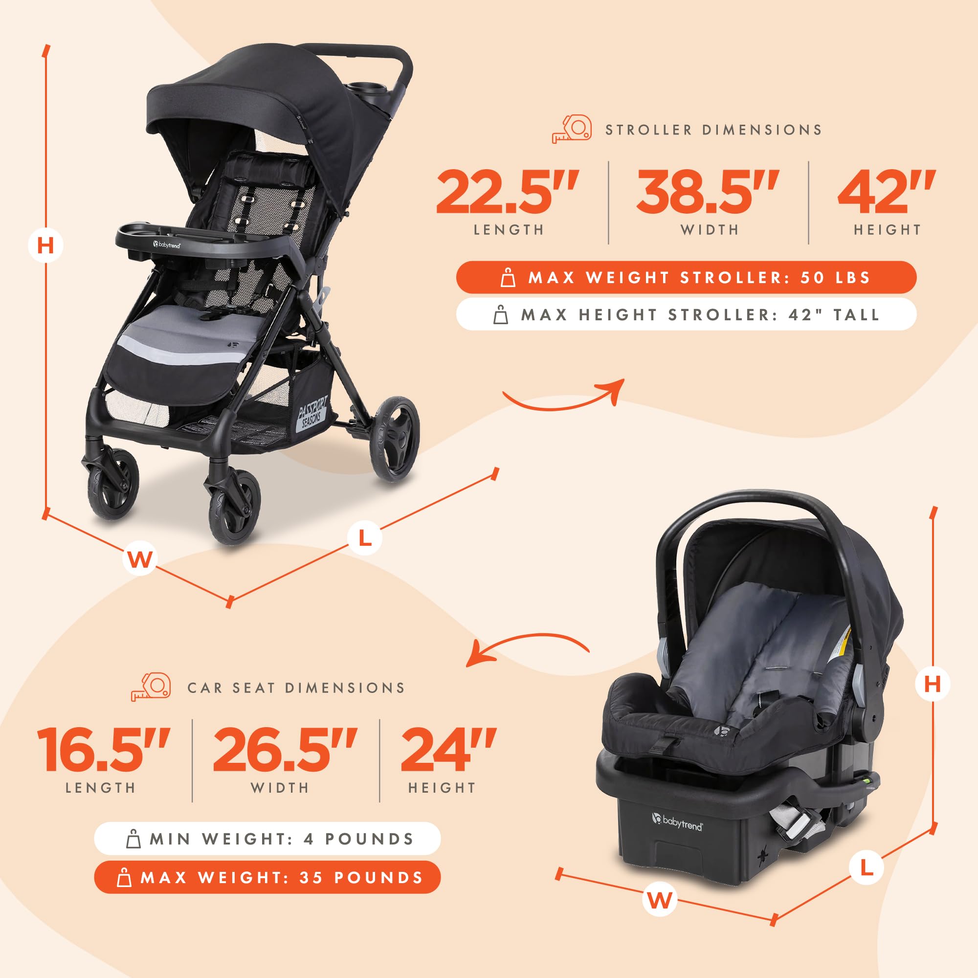Baby Trend Passport Seasons Travel System with EZ-Lift™ Infant Car Seat - Lightweight Stroller & Safe Car Seat Combo for Newborns | Perfect for Air Travel, Shopping & Daily Outings (Journey Black)
