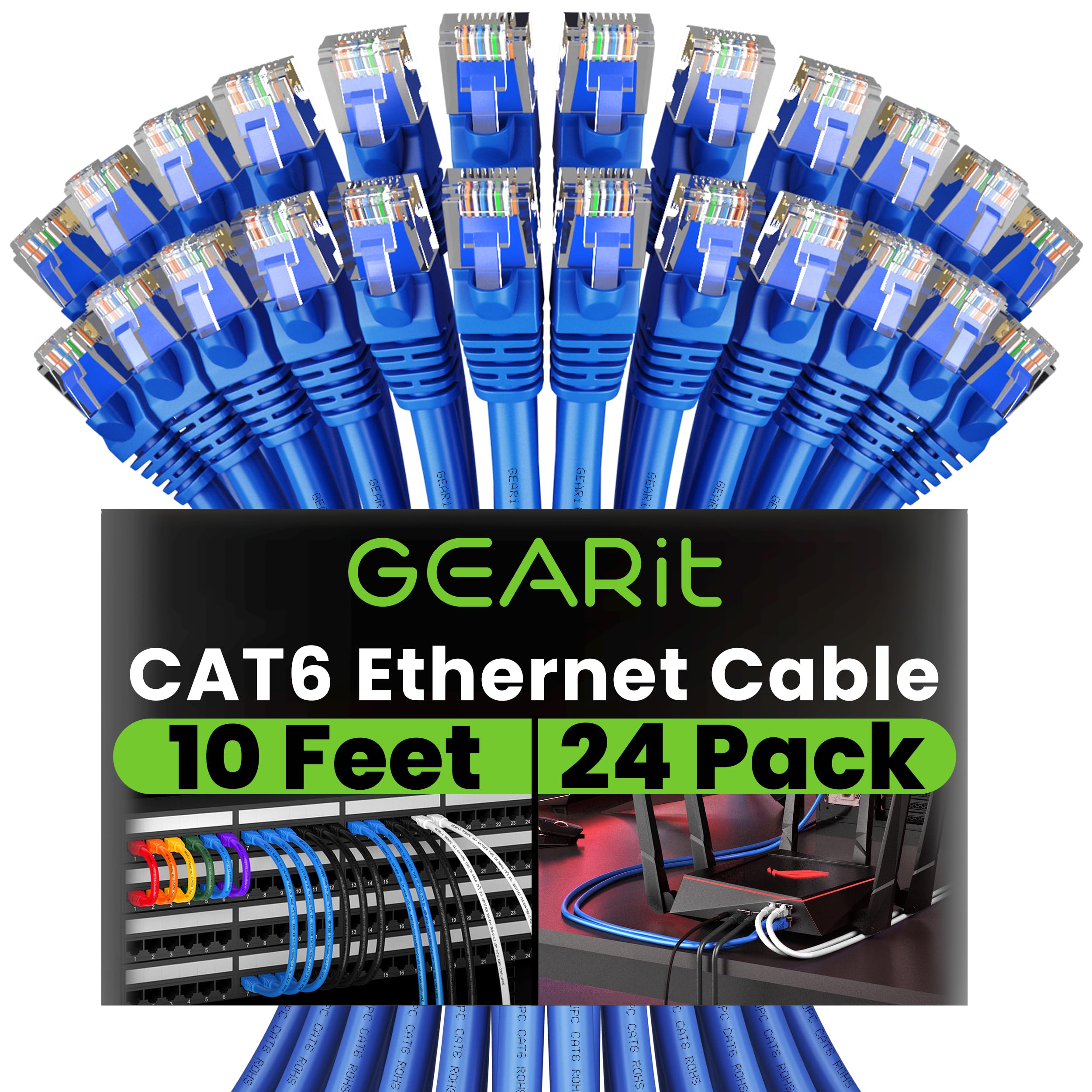 GEARit Cat 6 Ethernet Cable 24-Pack (10 Feet) - 10Gbps High-Speed Snagless RJ45 Network Patch Cord with Gold-Plated Connectors - Ideal for PC, Gaming, Smart TV, Home Office, Router, Printer & Data Center - Blue