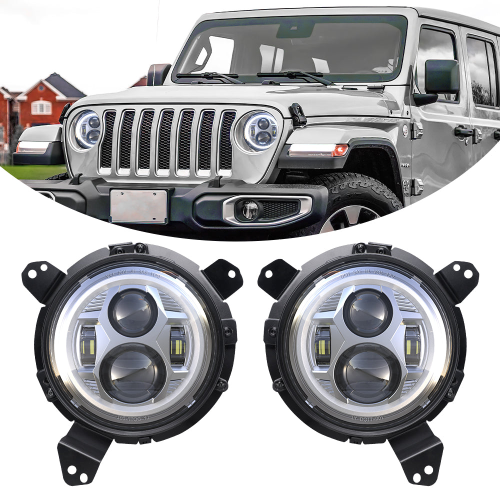 LOYO 7 LED Spider Headlight with Halo DRL + 9 LED Mounting Bracket Ring Compatible with 2018-2023 Jeep Wrangler JL & Gladiator - Off-Road Lighting Upgrade for Night Driving & Adventure