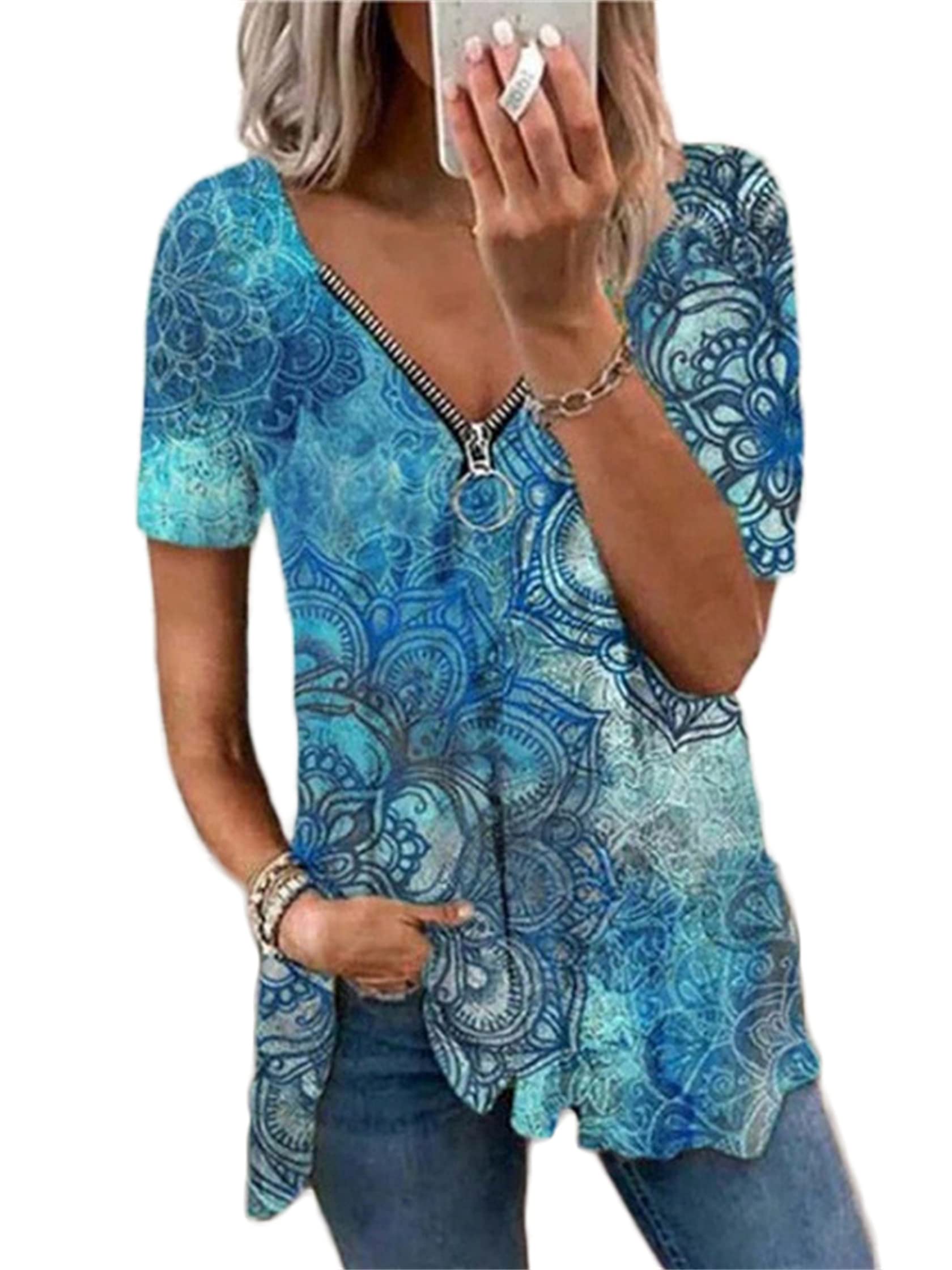 Andongnywell Women's Summer Short Sleeve V-Neck Printed Blouse - Casual Flowy Tunic Top with Zipper for Beach, Office & Everyday Wear