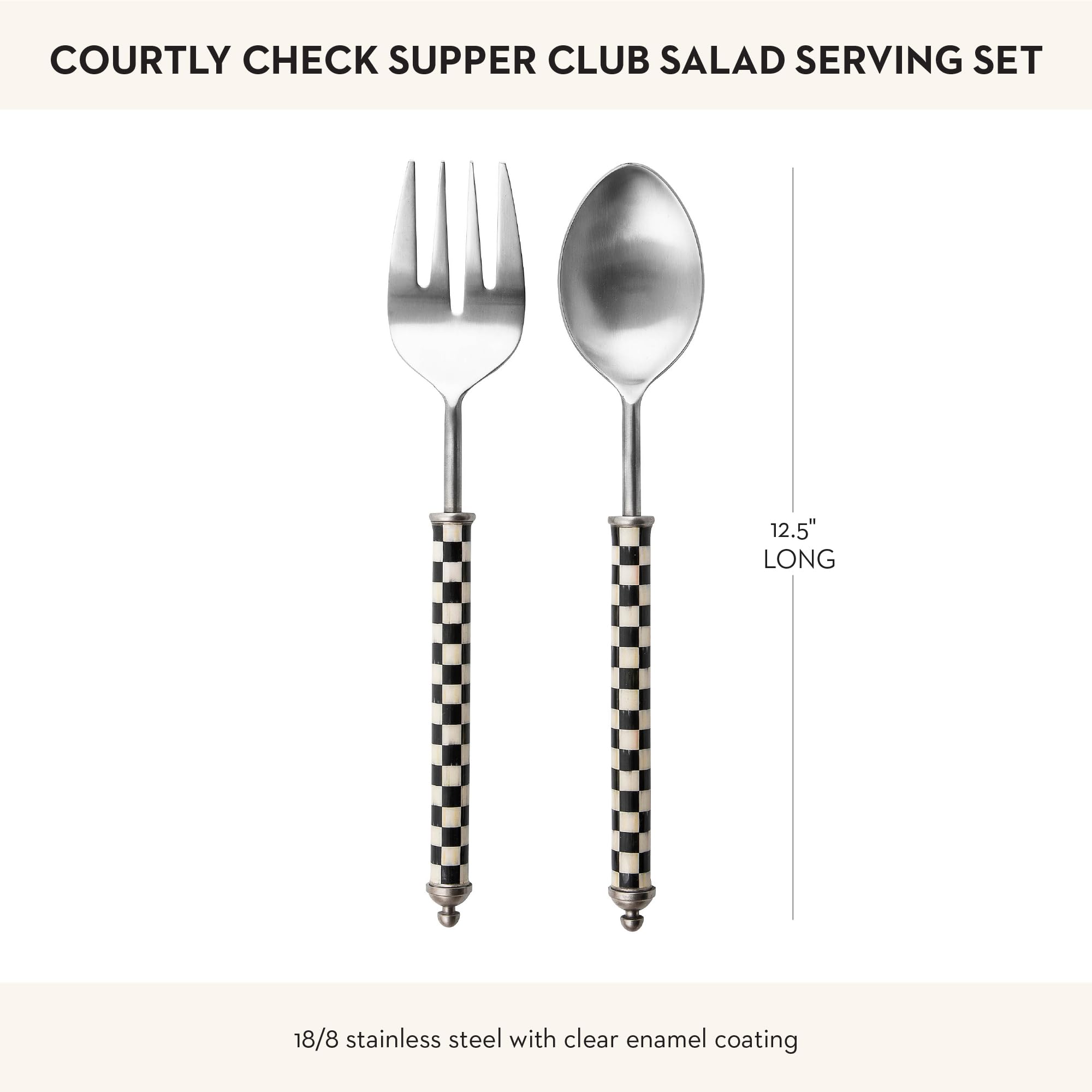 MACKENZIE-CHILDS Supper Club Salad Serving Set - Elegant Black & White Checkered Salad Fork & Spoon - Decorative Kitchen Utensils for Dinner Parties, Buffets & Entertaining
