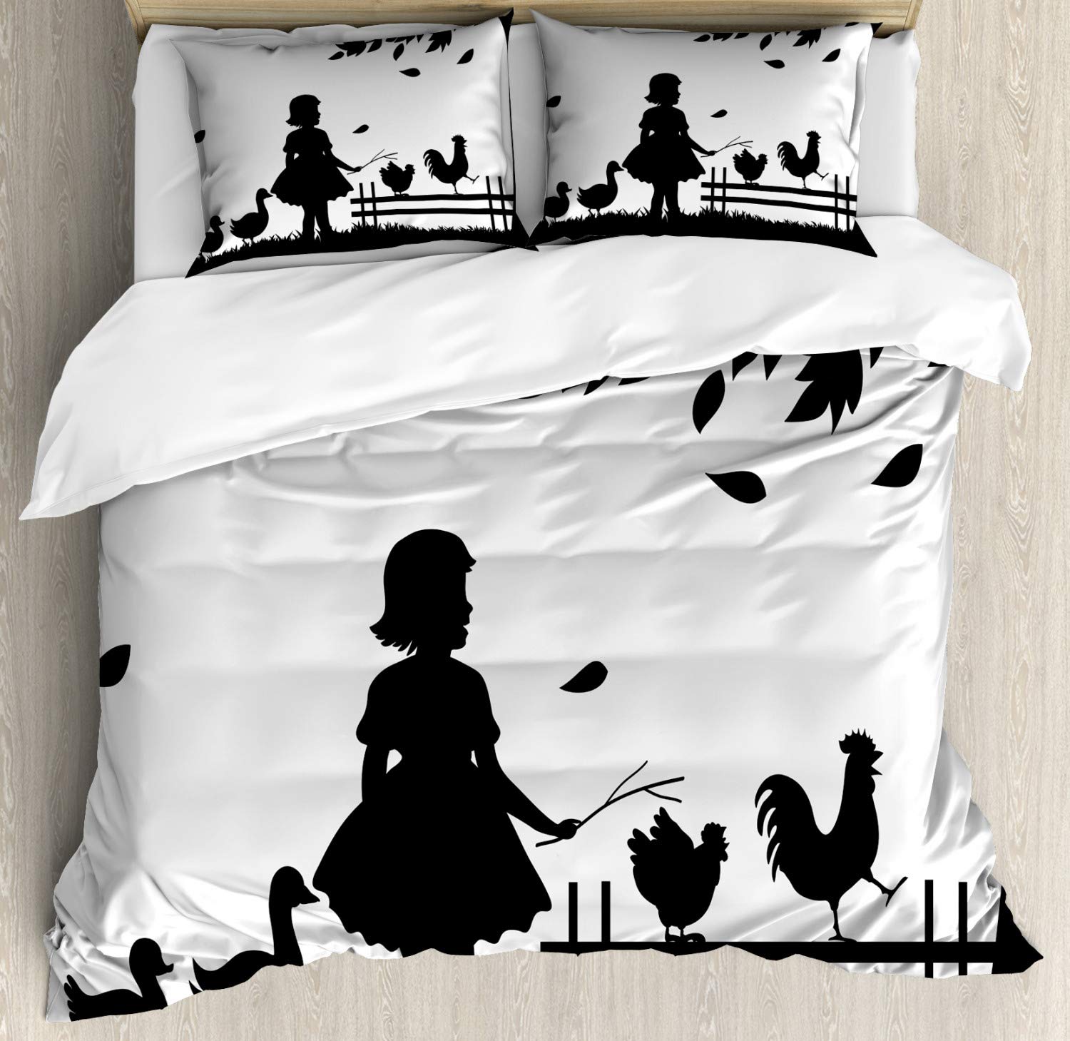 Ambesonne Farmhouse Woods Duvet Cover Set - Queen Size 3-Piece Bedding with Goose, Chicken & Rooster Silhouette Print - Black & White Country Style Bedroom Decor for Rustic, Vintage & Cottage Home Design