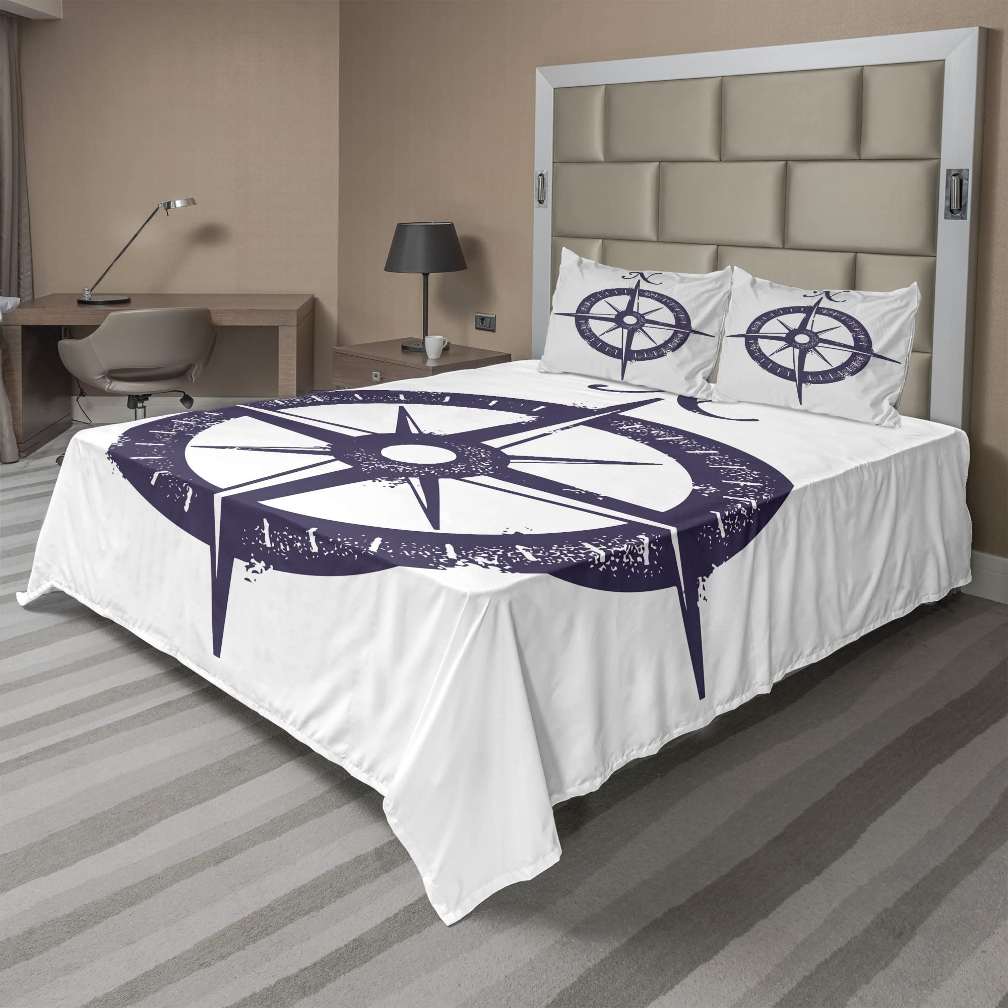 Ambesonne 4-Piece King Size Compass Sheet Set - Dark Purple & White Sailing Compass Windrose Design, Fitted & Flat Sheets with Pillowcases - Perfect for Nautical Themed Bedrooms, Guest Rooms & Coastal Home Decor