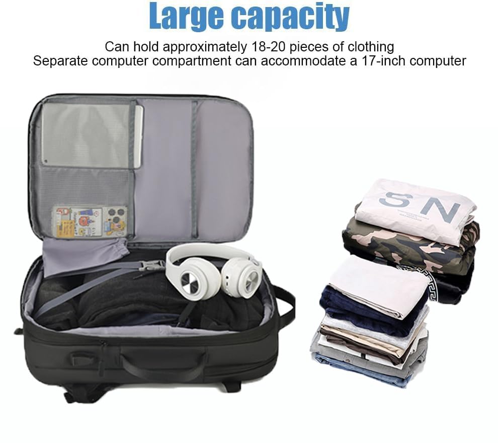 60L Expandable Backpack with Vacuum Compression - Waterproof Anti-Theft Travel Backpack for Men & Women - Packable Hiking, Camping & Outdoor Gear (Black)