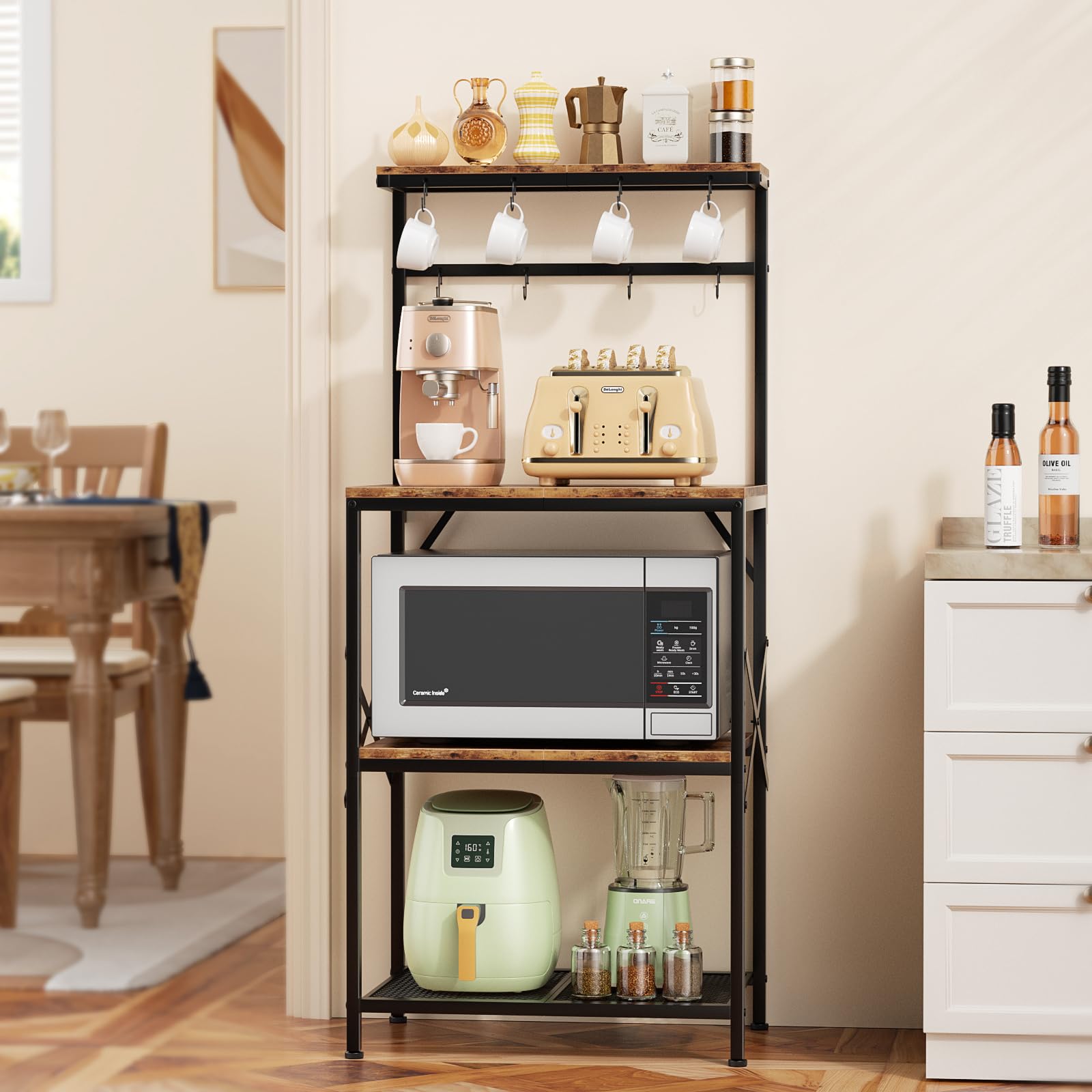 Rustic Brown 4-Tier Kitchen Bakers Rack with Adjustable Storage Shelves & 8 Hooks - Freestanding Microwave Stand, Coffee Bar Organizer - Perfect for Small Kitchens, Pantry Organization & Appliance Storage