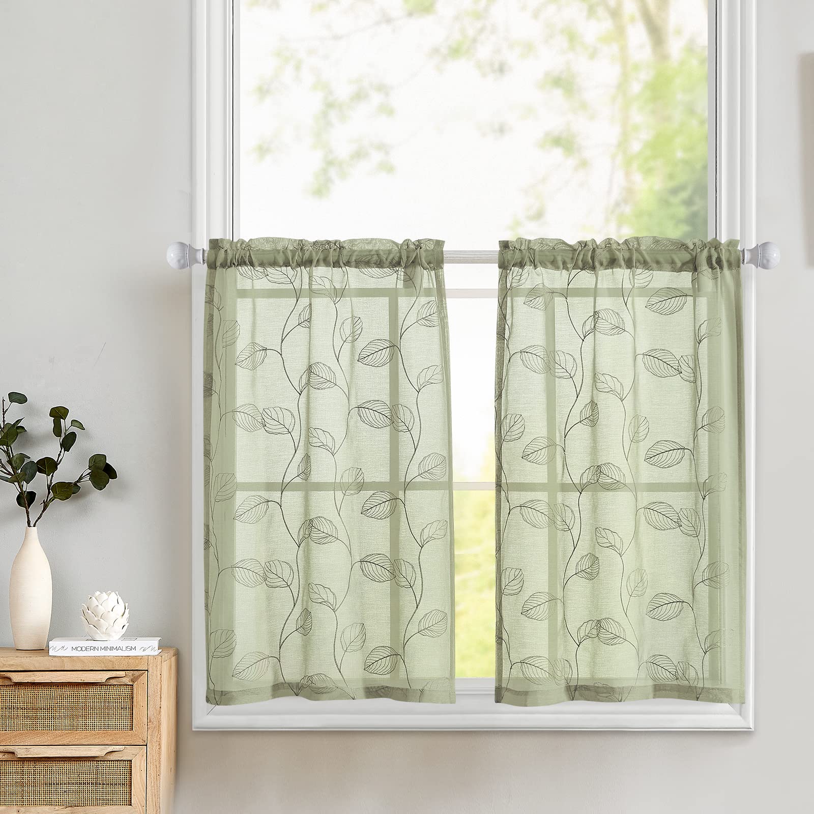 Sage Green Sheer Kitchen Curtains with Leaf Embroidery - 24 Inch Rod Pocket Voile Tier Panels for RV, Camper, Farmhouse, Bathroom & Basement Windows - Light Filtering Semi-Sheer Cafe Curtains for Privacy & Style