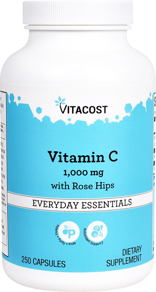 Vitacost Vitamin C with Rose Hips 1000mg - 250 Capsules - Immune Support & Antioxidant Boost - Perfect for Daily Wellness & Cold Season Defense
