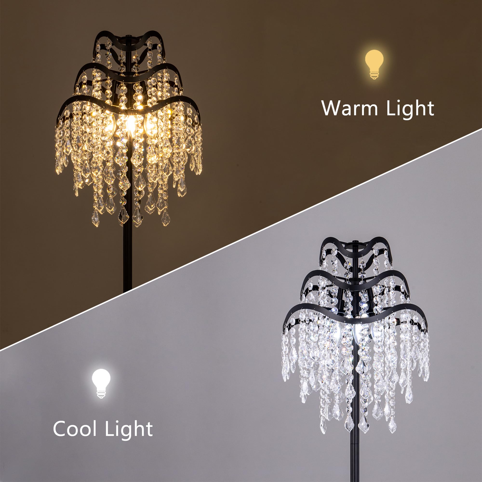 Boho Crystal Floor Lamp - Farmhouse Black Crystal Chandelier Floor Light for Living Room, Dining Room, Bedroom, Office | Modern Home Decor & Reading Nook Lighting