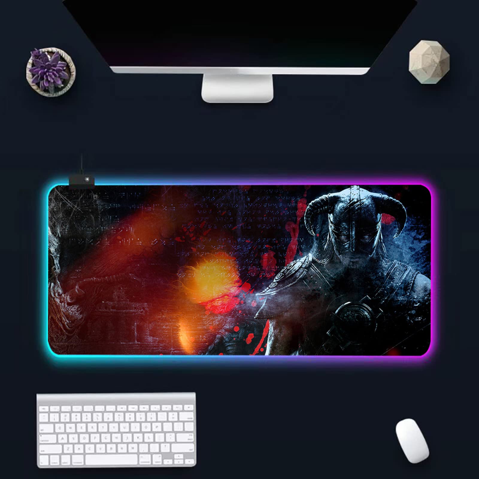 Skyrim Fantastic Warriors Anime RGB LED Gaming Mouse Pad - XXL 12x31.5 Inch Non-Slip Desk Mat for PC, Laptop & Computer Gaming | Perfect for Gaming Setups, Office Work & Home Decor