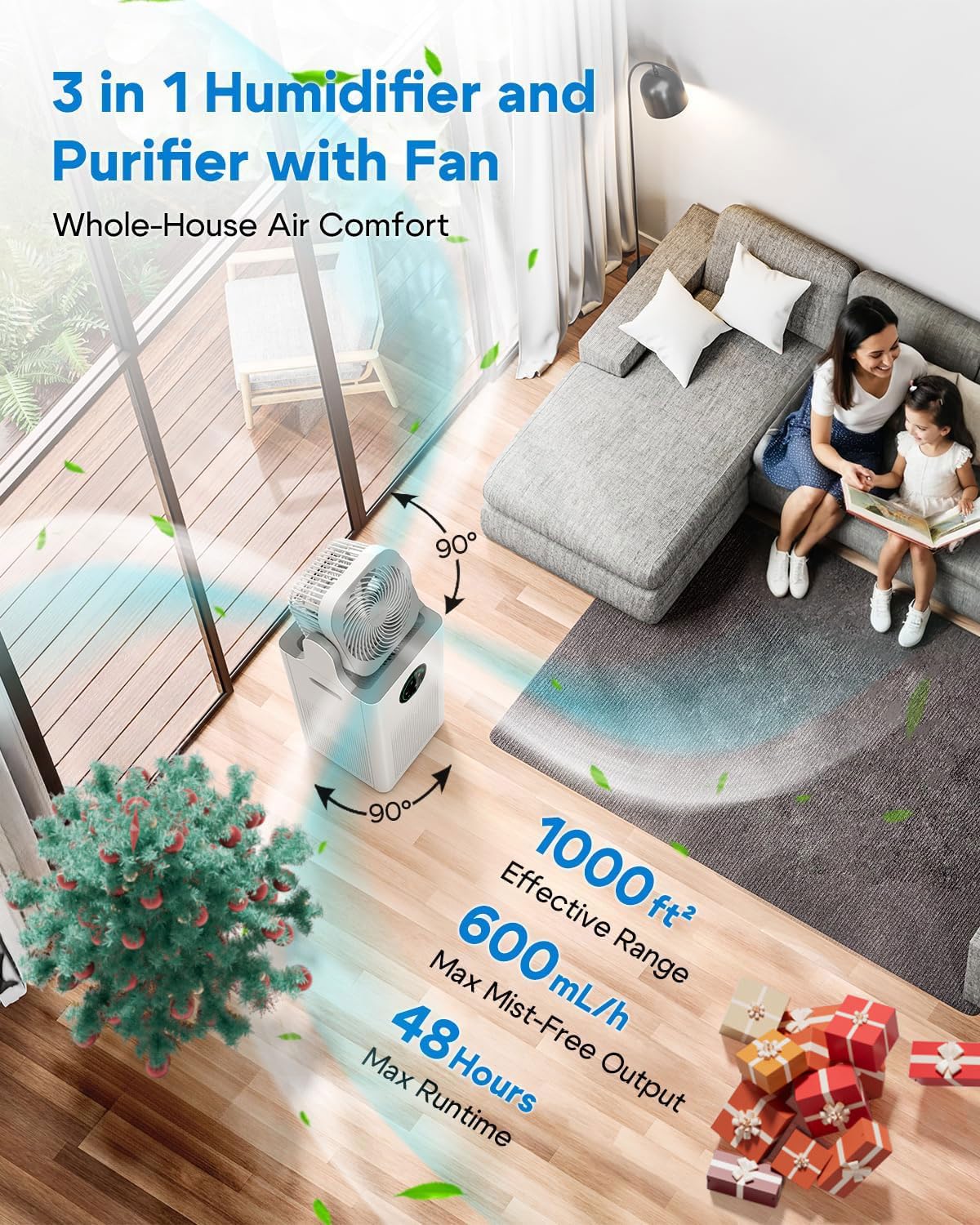 YOKEKON 4L Air Purifier and Humidifier Combo with Oscillating Fan - 2-in-1 Evaporative Humidifier for Large Rooms, Bedroom, Office - Quiet Sleep Mode, Timer Function - Ideal for Baby, Adults & Home Use (White)