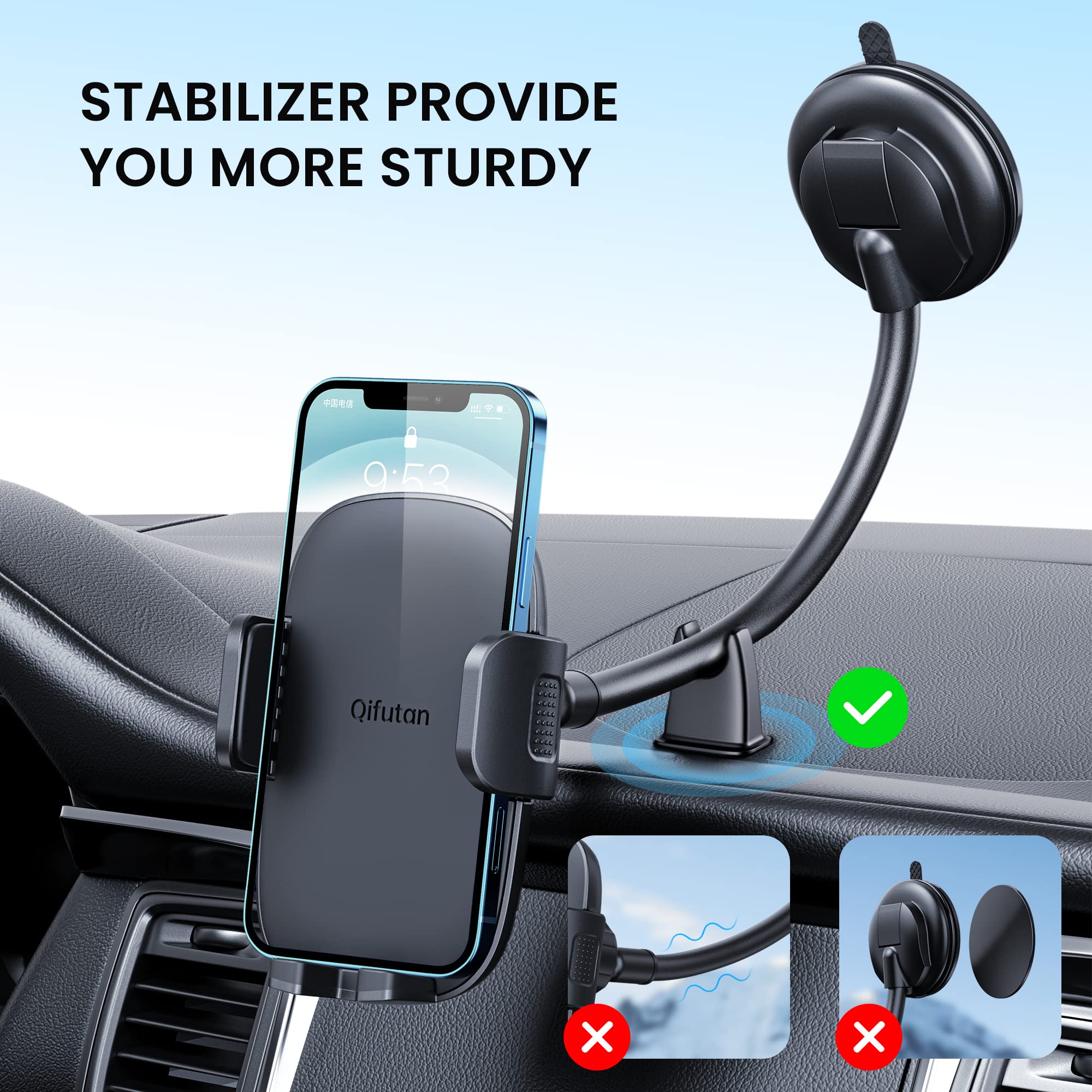 Qifutan Long Arm Car Phone Mount Holder - Anti-Shake Dashboard & Windshield Phone Stand for iPhone, Android Smartphones (Black) | Perfect for GPS Navigation, Hands-Free Calling & Road Trips