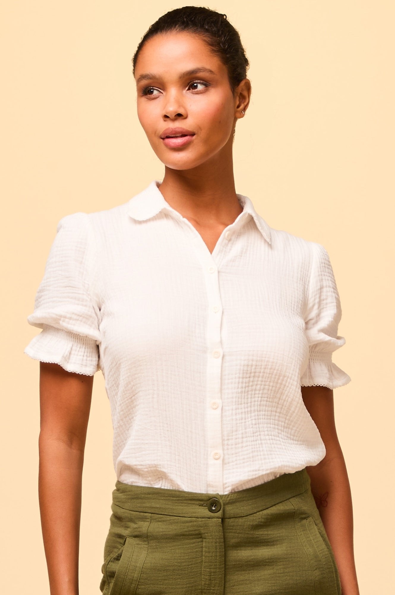Olive Cheesecloth Blouse for Women - Breathable White Cotton Top | Perfect for Summer Outfits, Beach Cover-ups & Boho Fashion