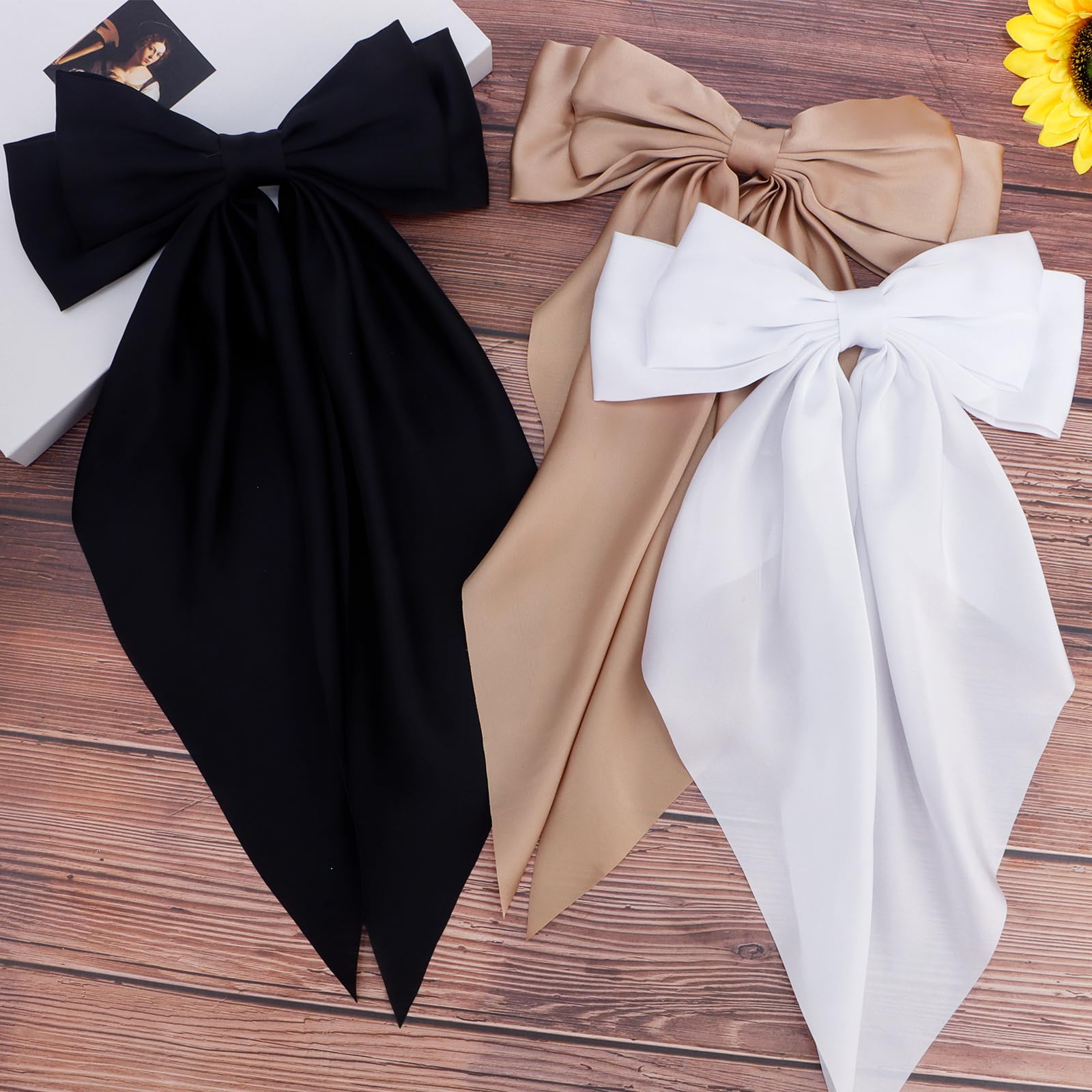 3Pcs Women's Hair Bows Set - White, Black & Khaki Oversized Satin Hair Accessories with Long Tails, Barrettes & Clips | Perfect Gift for Girls, Teens & Women | Great for Weddings, Parties & Daily Styling