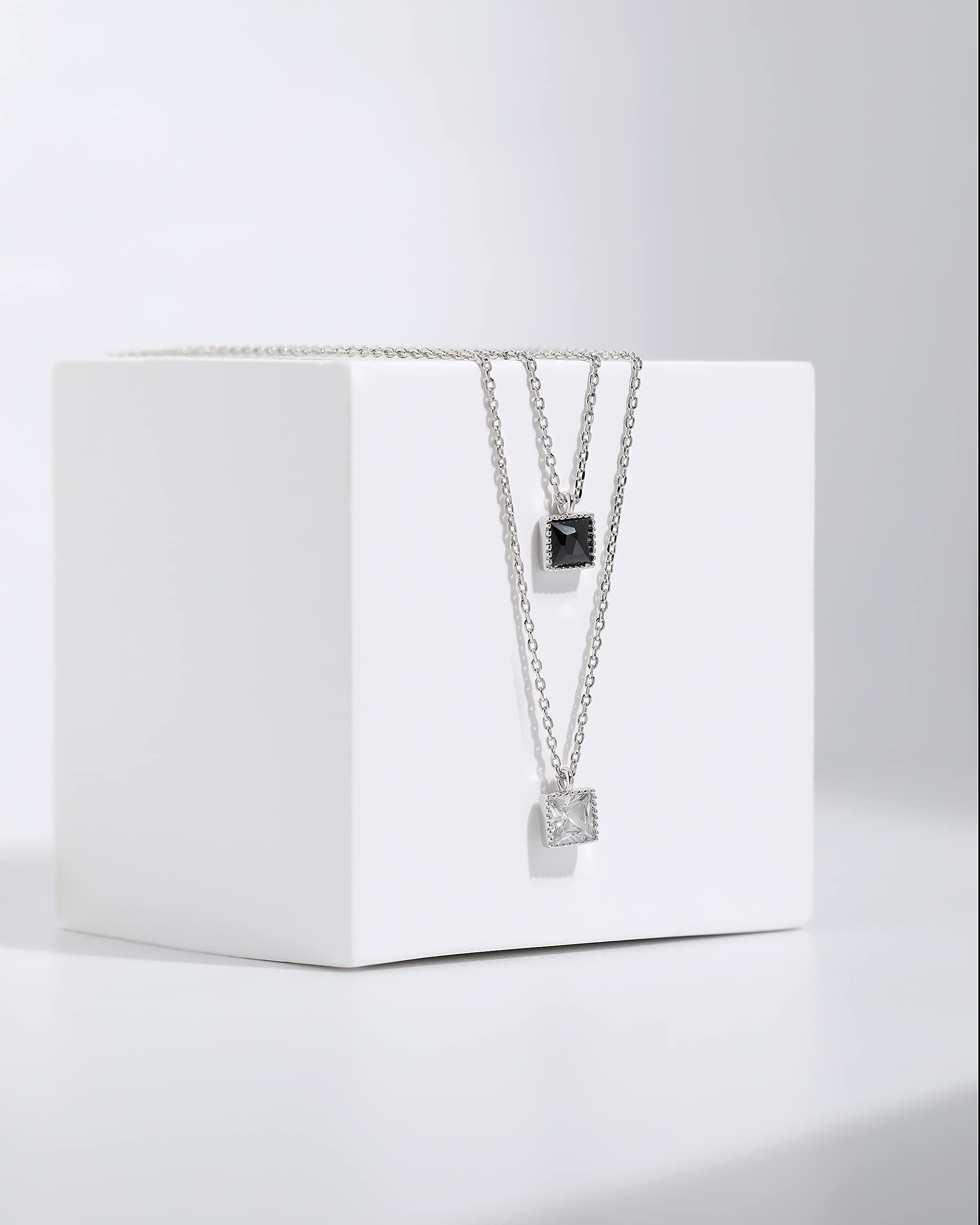 925 Sterling Silver Little Square Necklace with Black Stone - Dainty Stackable Layering Choker for Women | Perfect Birthday Gift & Everyday Jewelry for Casual or Formal Occasions