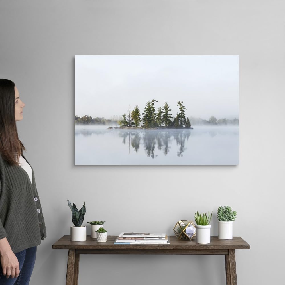 Fog Shrouds Small Island on Turtle Lake in Ontario's Muskoka Region Canvas Wall Art Print - 36