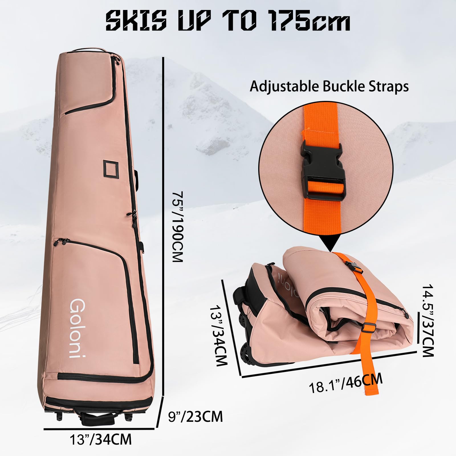 **Goloni Wheeled Ski and Snowboard Travel Bag - 600D Waterproof Padded Ski Carrier for Air Travel - Fits 2 Pairs of Skis - Foldable Design for Easy Storage - Perfect for Winter Vacations & Mountain Trips**