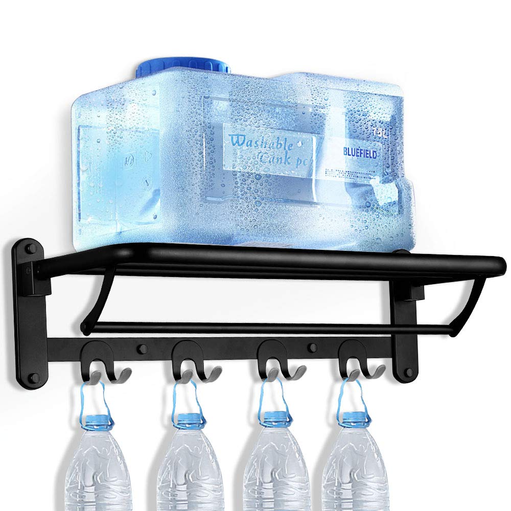 HOONEX Foldable Stainless Steel Towel Rack - 24 Inch Wall Mounted Bathroom Organizer with Adjustable Towel Bar & Hooks - Space Saving 304 Stainless Steel Towel Holder for Small Bathrooms, Laundry Rooms & RVs - Black