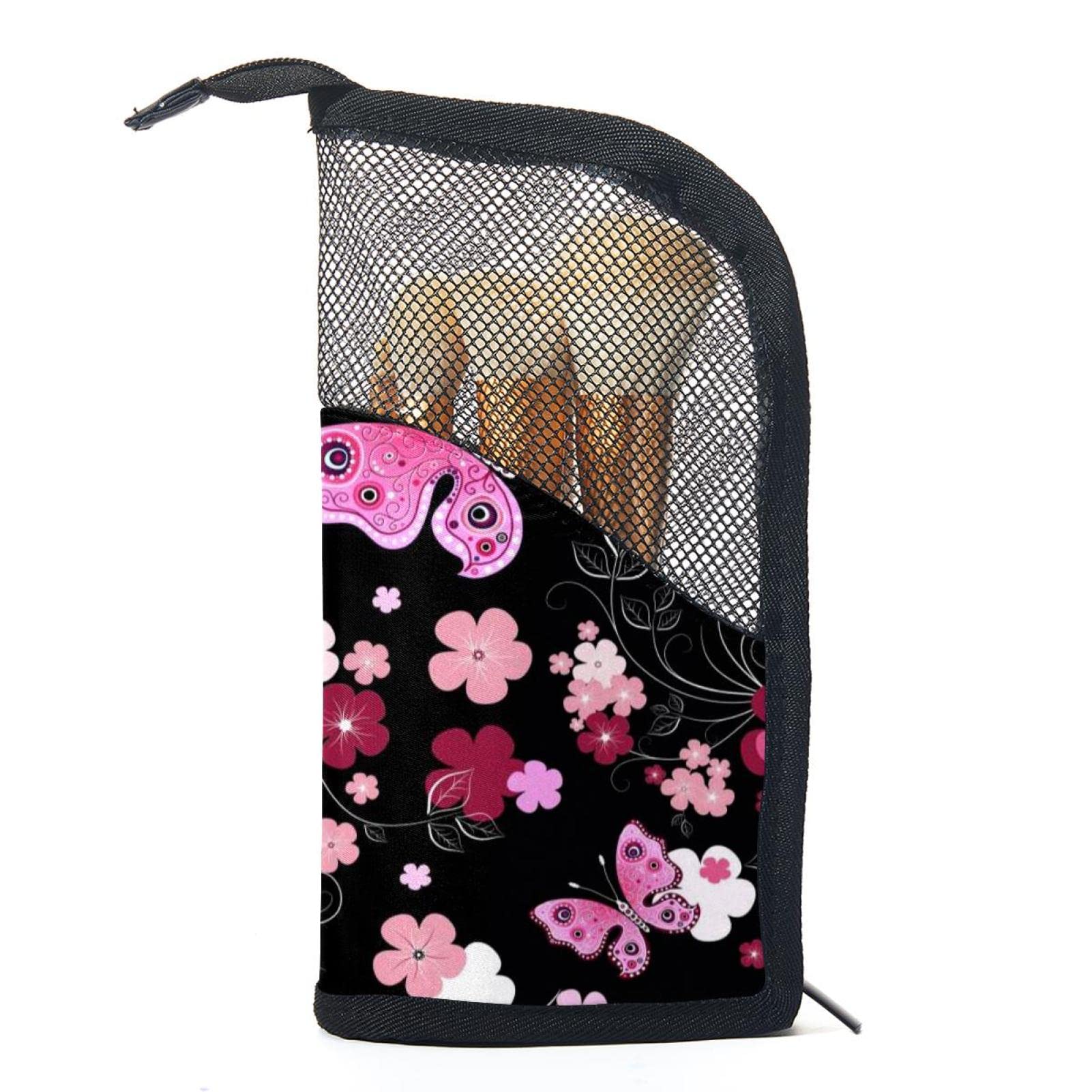 Floral Pink Flowers & Butterflies Makeup Brush Organizer Bag with 12 Brushes - Portable Travel Cosmetic Brush Holder Case for Professional Makeup Artists & Beauty Lovers (Perfect for Home, Travel & Salon Use)