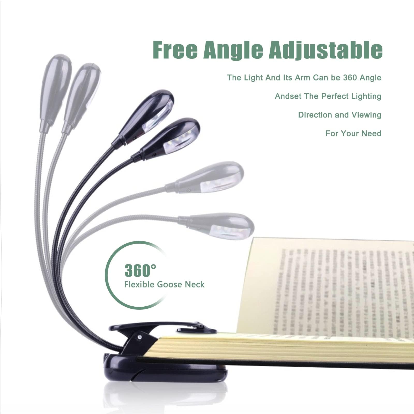8LED Dimmable Rechargeable Book Light with 2 Adjustable Arms & 5 Lighting Modes - Clip On Reading Light for Books, Music Stands, Bedside & Travel - Perfect for Night Reading, Studying & Camping (Battery Included)