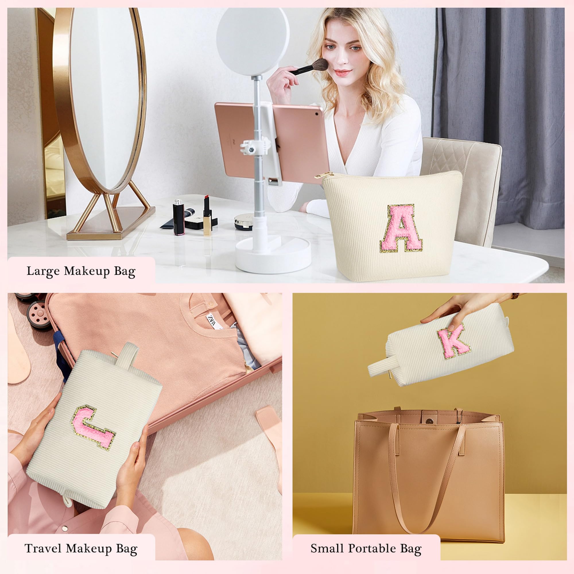 Personalized Initial Makeup Bag for Women & Teens - Cute Mini Cosmetic Travel Pouch with Monogram Letter | Perfect Gift for Her, Best Friend, Teacher Birthday | Great for Daily Use, Travel, School & Work Essentials