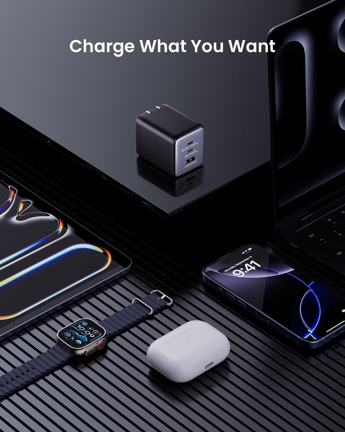 100W USB C GaN Fast Charger Block, 3-Port Compact Foldable Wall Charger for MacBook Pro/Air, Dell XPS, iPad Pro, iPhone 15/14/13, Galaxy S25/S24 - Perfect for Travel, Office & Home Charging Multiple Devices Simultaneously
