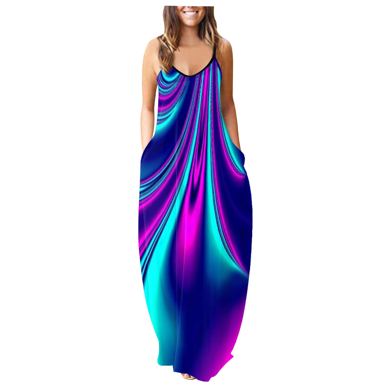 iQKA Women's Maxi Dress - Colorful Long Sleeveless V-Neck Tunic Dress with Pockets | Summer Casual Beach Dress | Perfect for Vacations, Parties & Outdoor Events