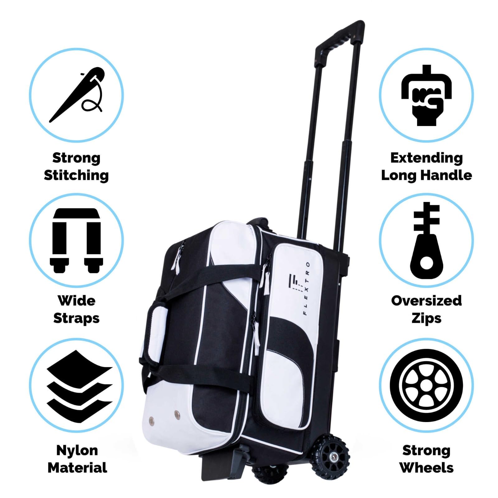 Flextro 2 Ball & Single Ball Bowling Bag Set with Wheels - Double Roller Trolley for Bowling Equipment & Shoes | Perfect for League Play & Tournament Travel