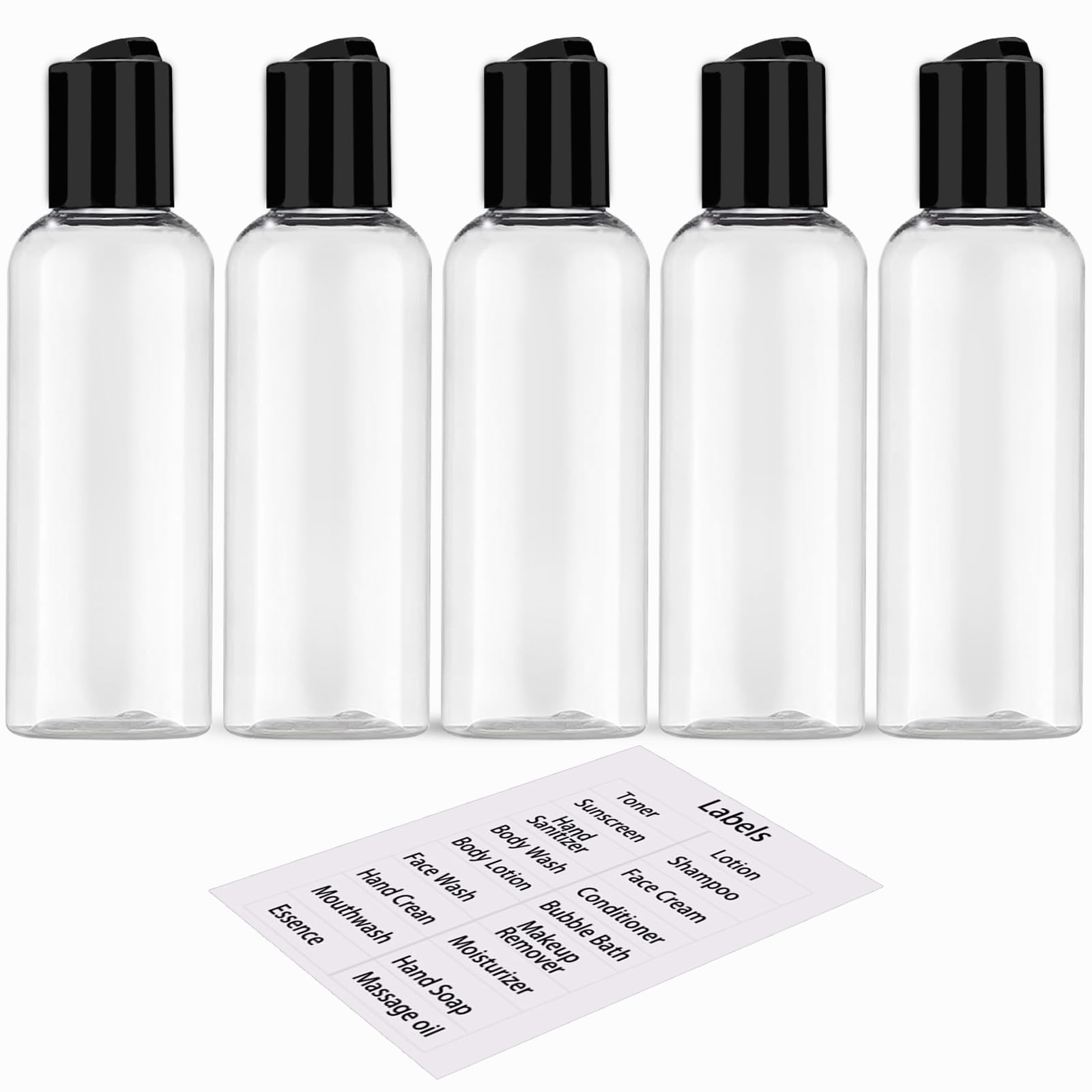 5 Pack 3.4 oz TSA Approved Leakproof Travel Bottles - Empty Plastic Toiletry Containers with Labels for Shampoo, Lotion & Cosmetics | Perfect for Airplane Carry-On, Vacation & Gym Essentials