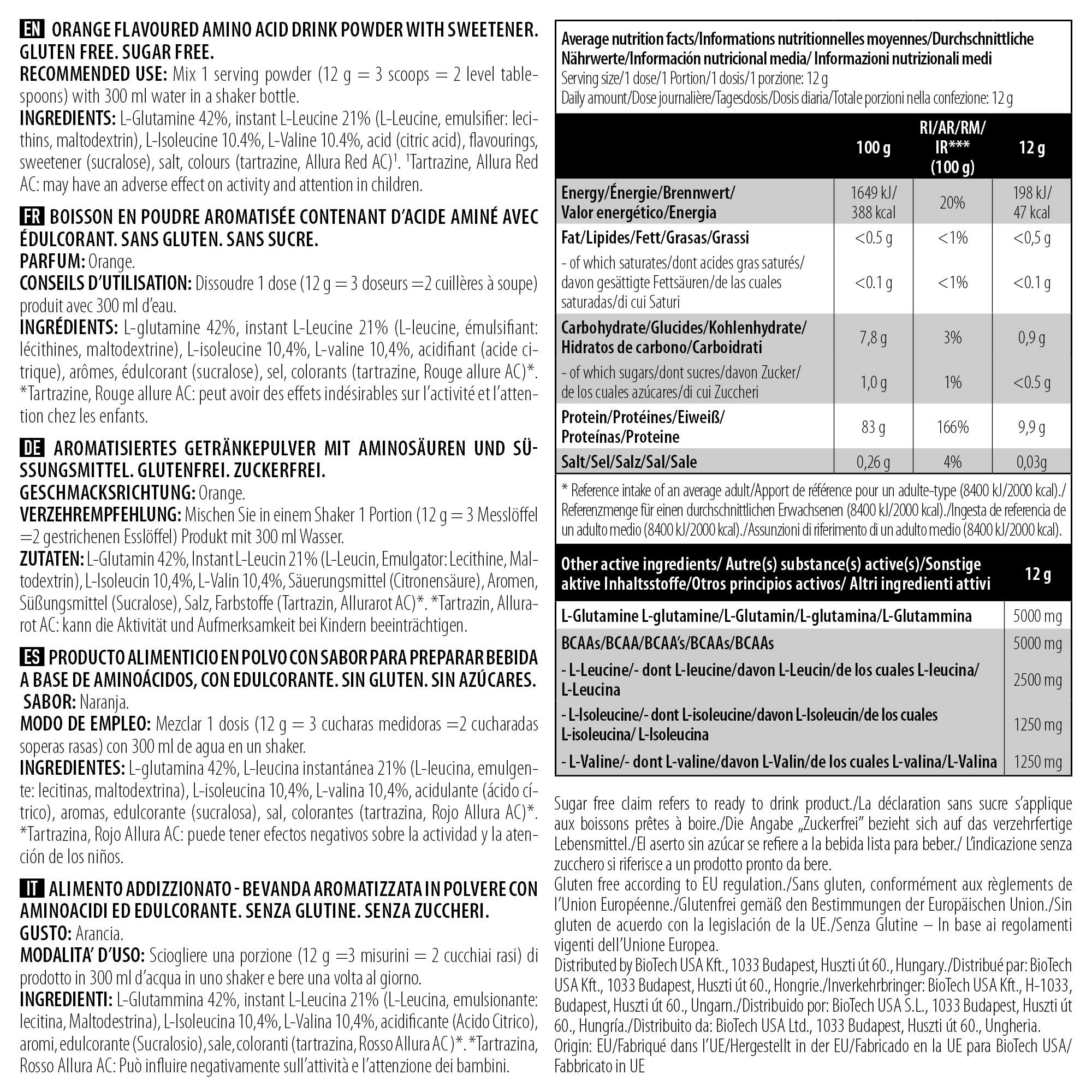 BioTechUSA BCAA + Glutamine Zero Powder - 480g Orange Flavor for Muscle Recovery & Endurance | Pre & Post Workout Supplement for Athletes & Fitness Enthusiasts