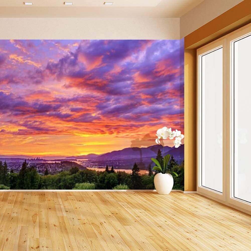 Purple Sunset Mountain View Peel and Stick Wallpaper - Self-Adhesive Removable Vinyl Wall Mural for Home Decor (36