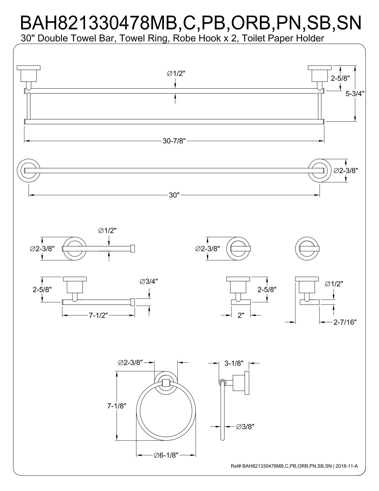 Kingston Brass BAH821330478ORB Concord 5-Piece Bathroom Accessory Set - Oil Rubbed Bronze - 30.88 x 7.13 x 3.13 Inches - Towel Bar, Towel Ring, Robe Hook, Toilet Paper Holder - Perfect for Modern Bathroom Decor