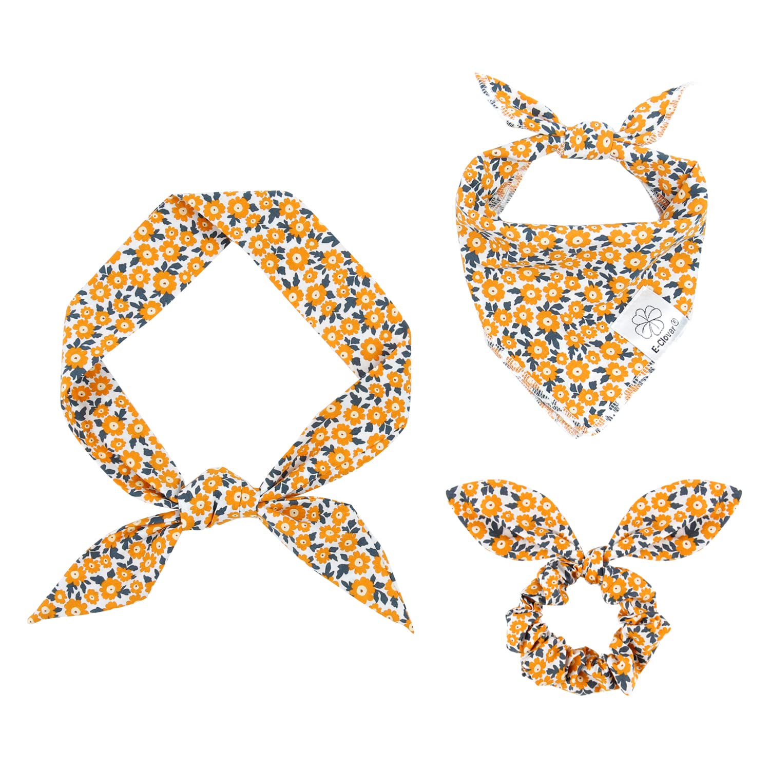 Floral Dog Bandana & Matching Scrunchie Set - Yellow Pet Scarf Bib with Hair Tie Headband for Small Dogs & Owners | Perfect for Puppy Playdates, Pet Photos & Matching Outfits